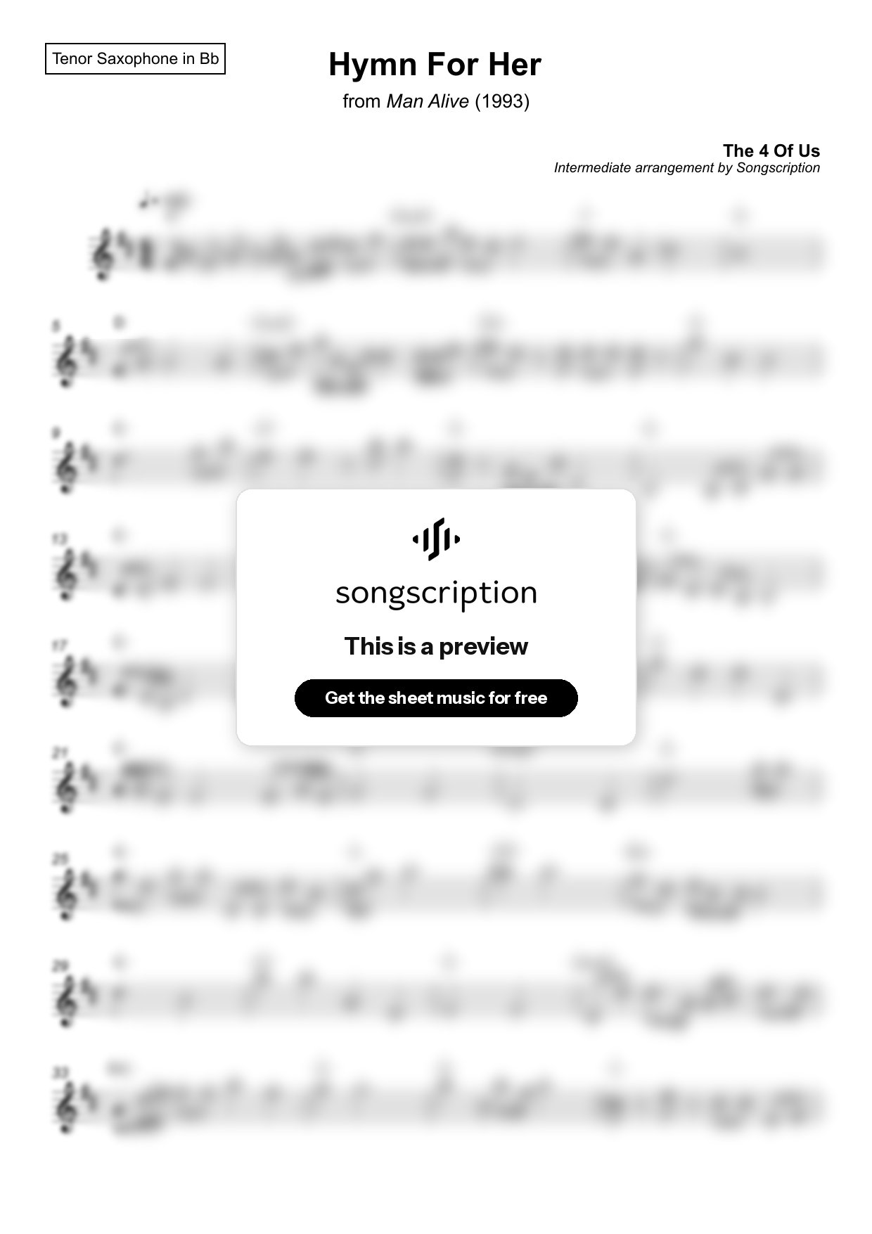 Intermediate Tenor Sax Sheet Music for "Hymn For Her" by The 4 Of Us