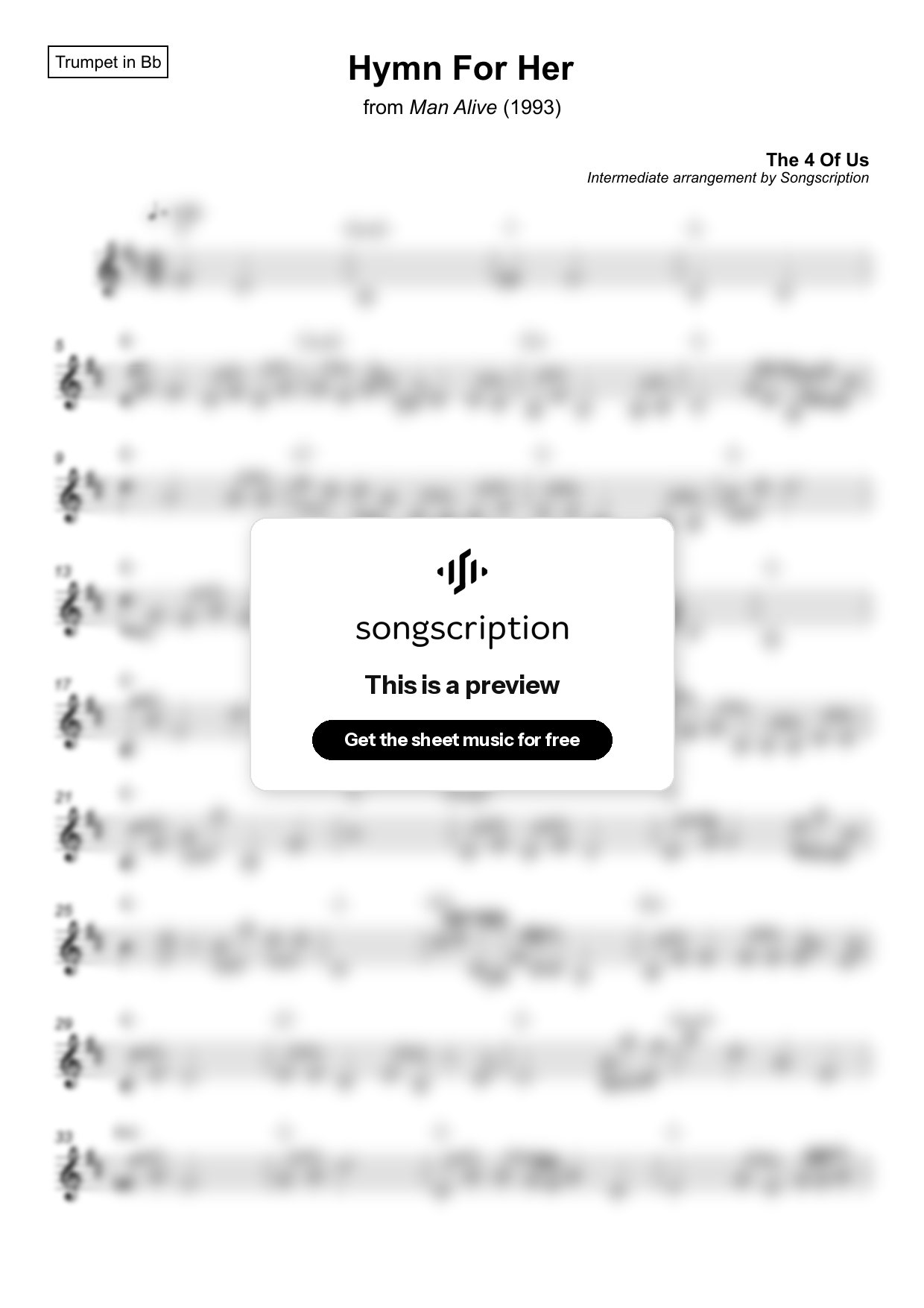 Intermediate Trumpet Sheet Music for "Hymn For Her" by The 4 Of Us