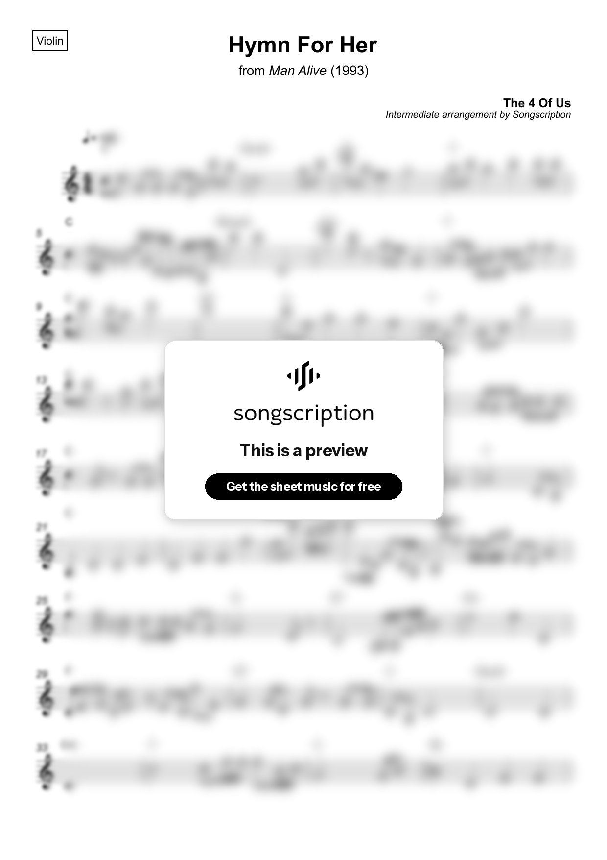 Intermediate Violin Sheet Music for "Hymn For Her" by The 4 Of Us