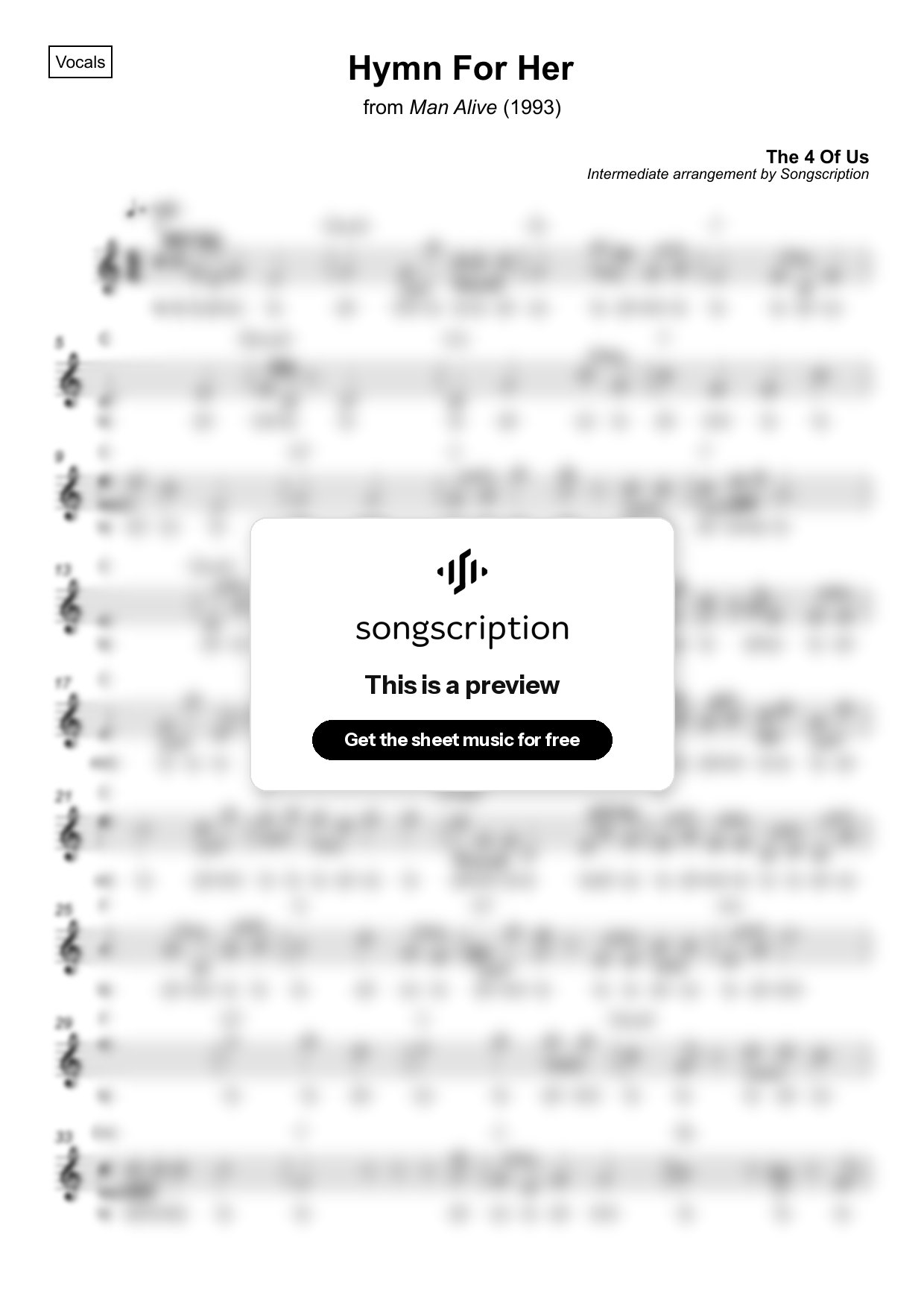 Intermediate Vocals Sheet Music for "Hymn For Her" by The 4 Of Us