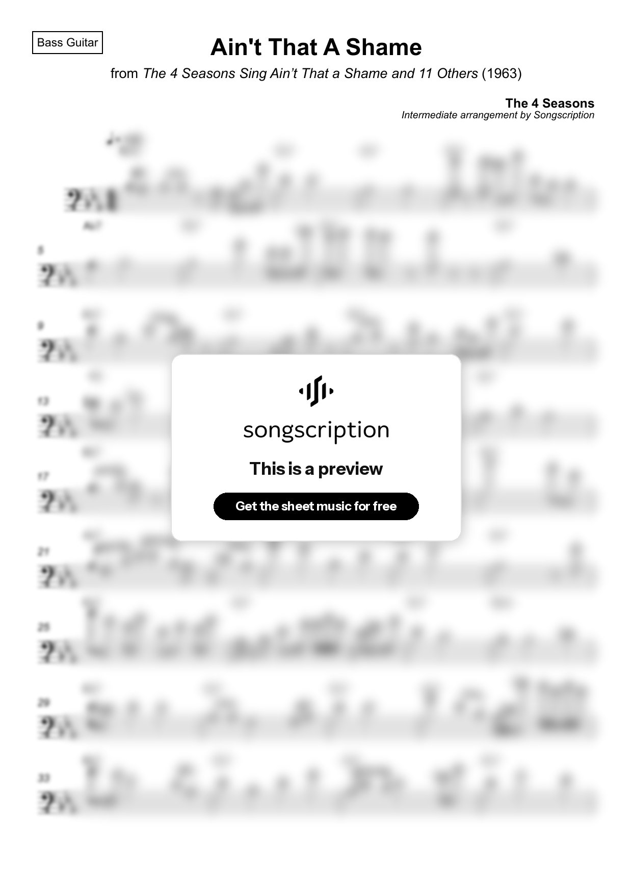 Intermediate Bass Guitar Sheet Music for "Ain't That A Shame" by The 4 Seasons