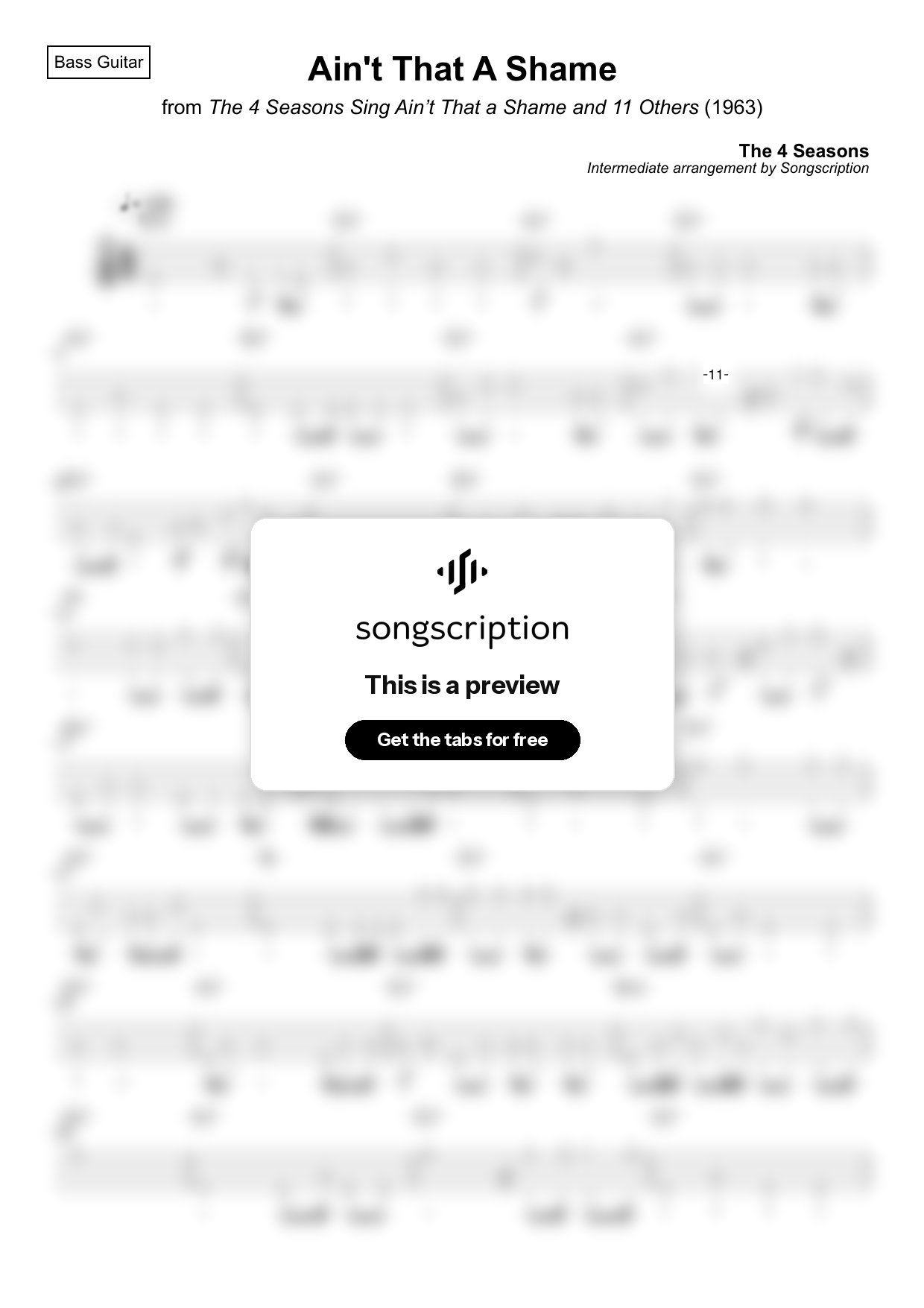 Intermediate Bass Guitar Tabs for "Ain't That A Shame" by The 4 Seasons