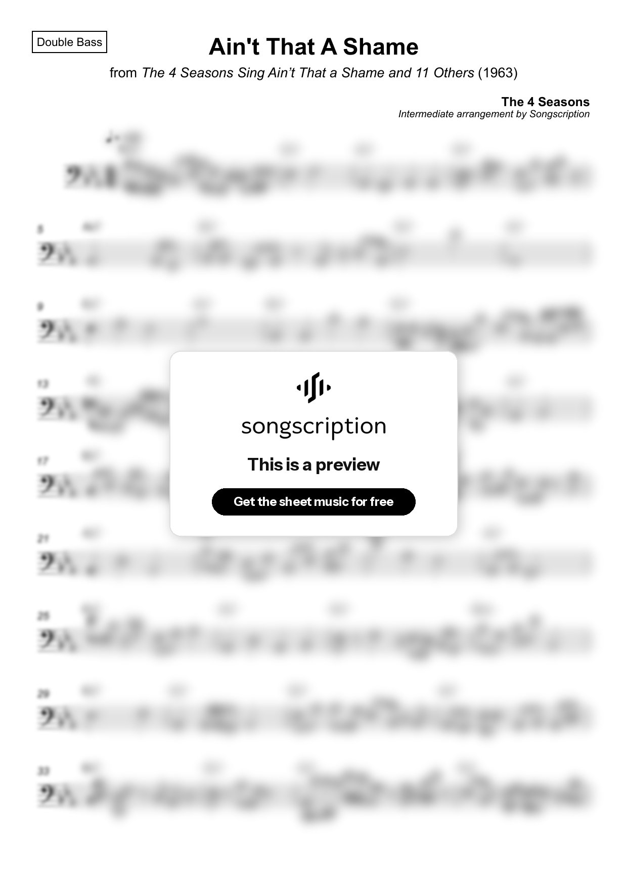 Intermediate Double Bass Sheet Music for "Ain't That A Shame" by The 4 Seasons