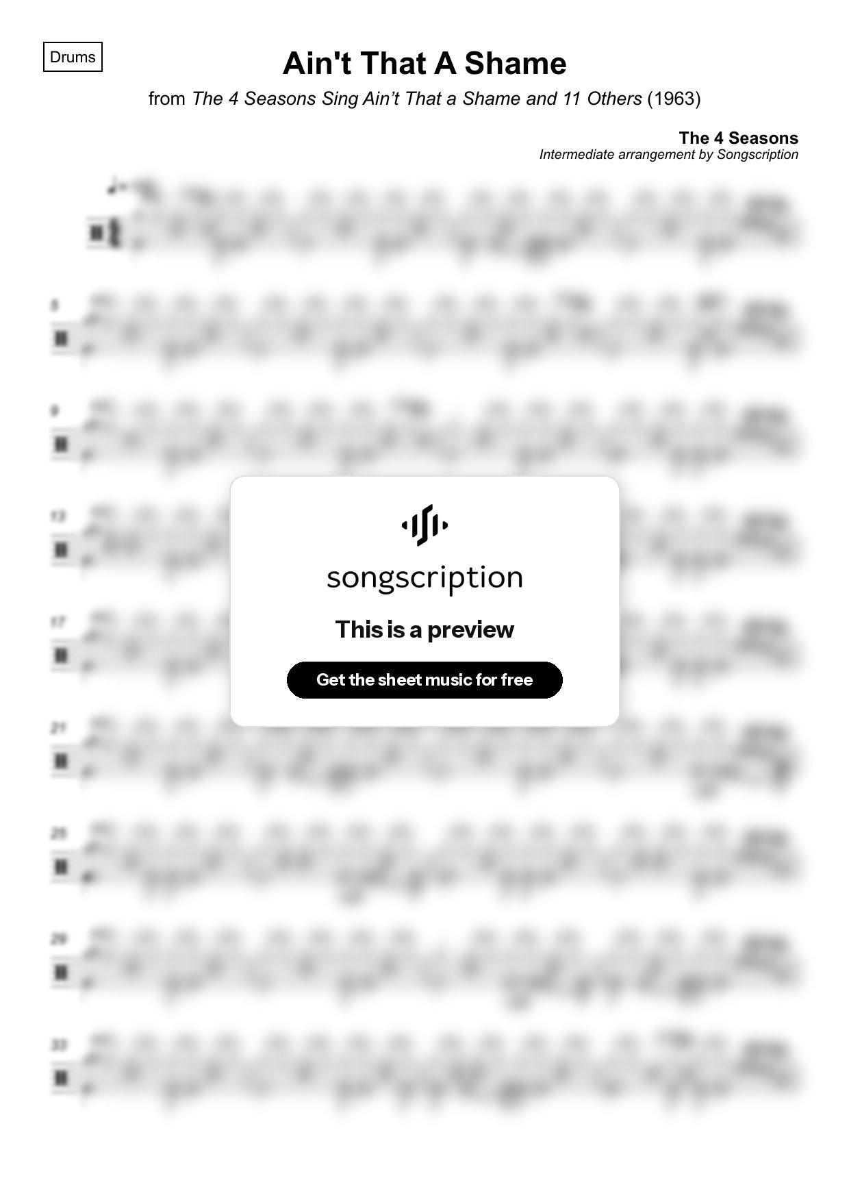 Intermediate Drums Sheet Music for "Ain't That A Shame" by The 4 Seasons