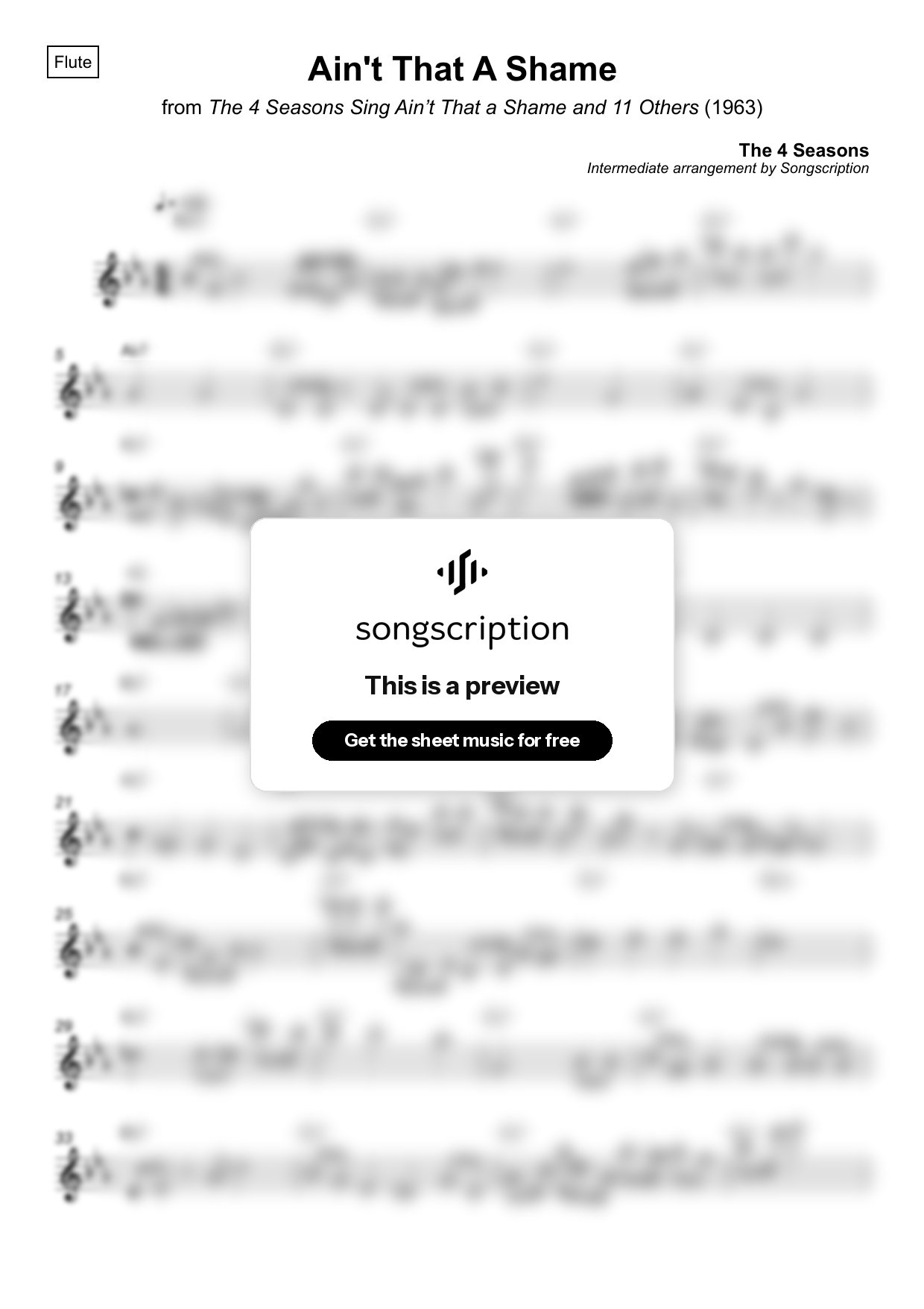 Intermediate Flute Sheet Music for "Ain't That A Shame" by The 4 Seasons
