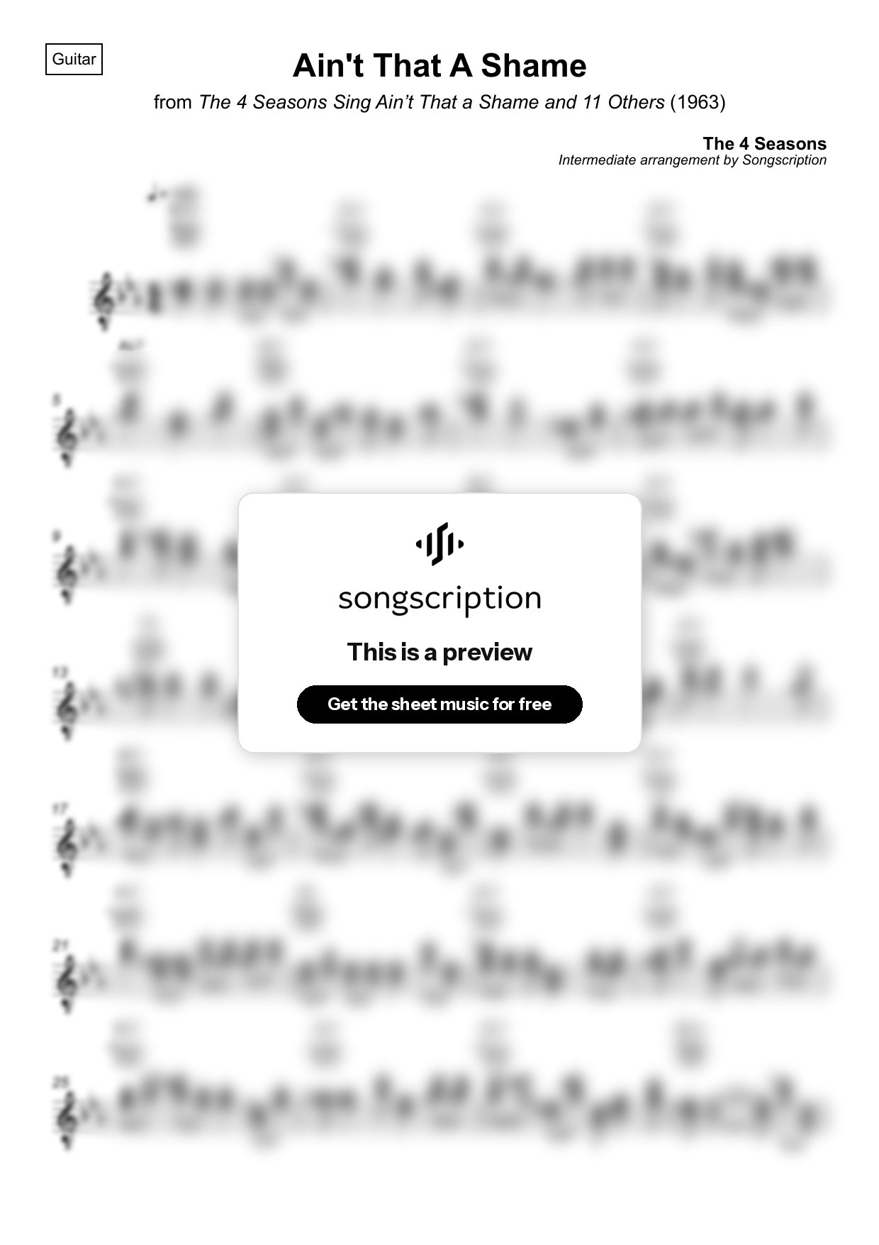Intermediate Acoustic Guitar Sheet Music for "Ain't That A Shame" by The 4 Seasons