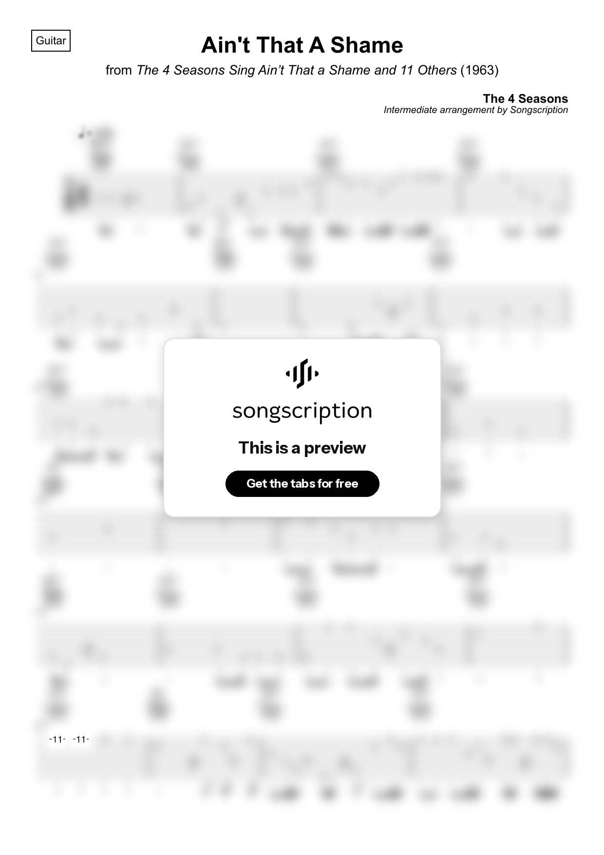Intermediate Acoustic Guitar Tabs for "Ain't That A Shame" by The 4 Seasons