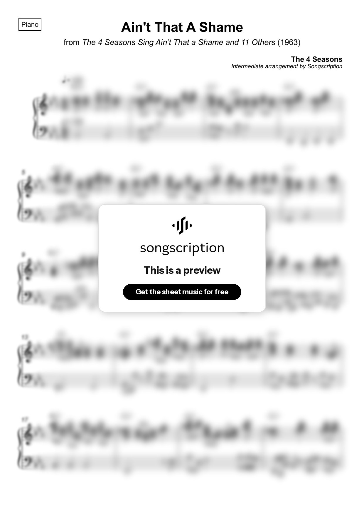 Intermediate Piano Sheet Music for "Ain't That A Shame" by The 4 Seasons
