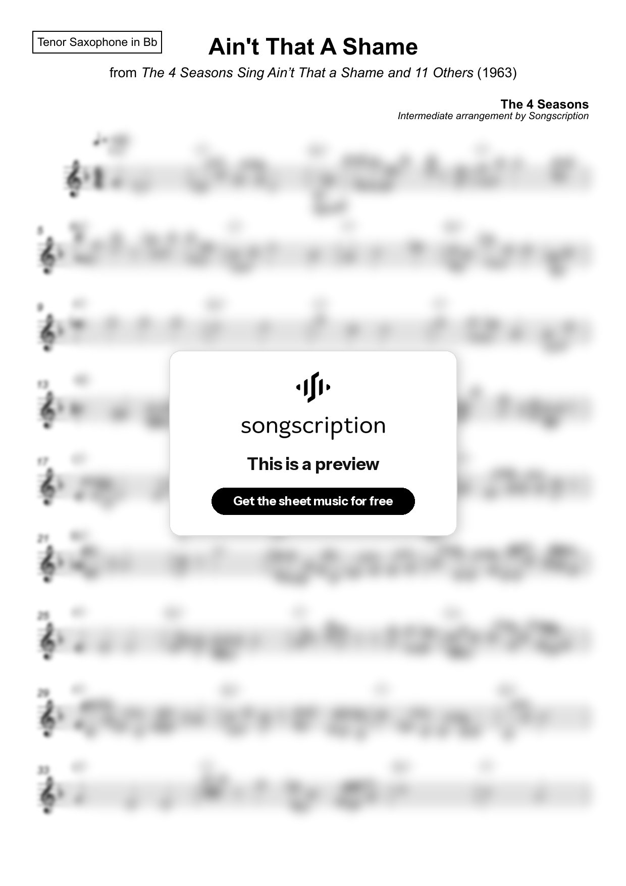 Intermediate Tenor Sax Sheet Music for "Ain't That A Shame" by The 4 Seasons