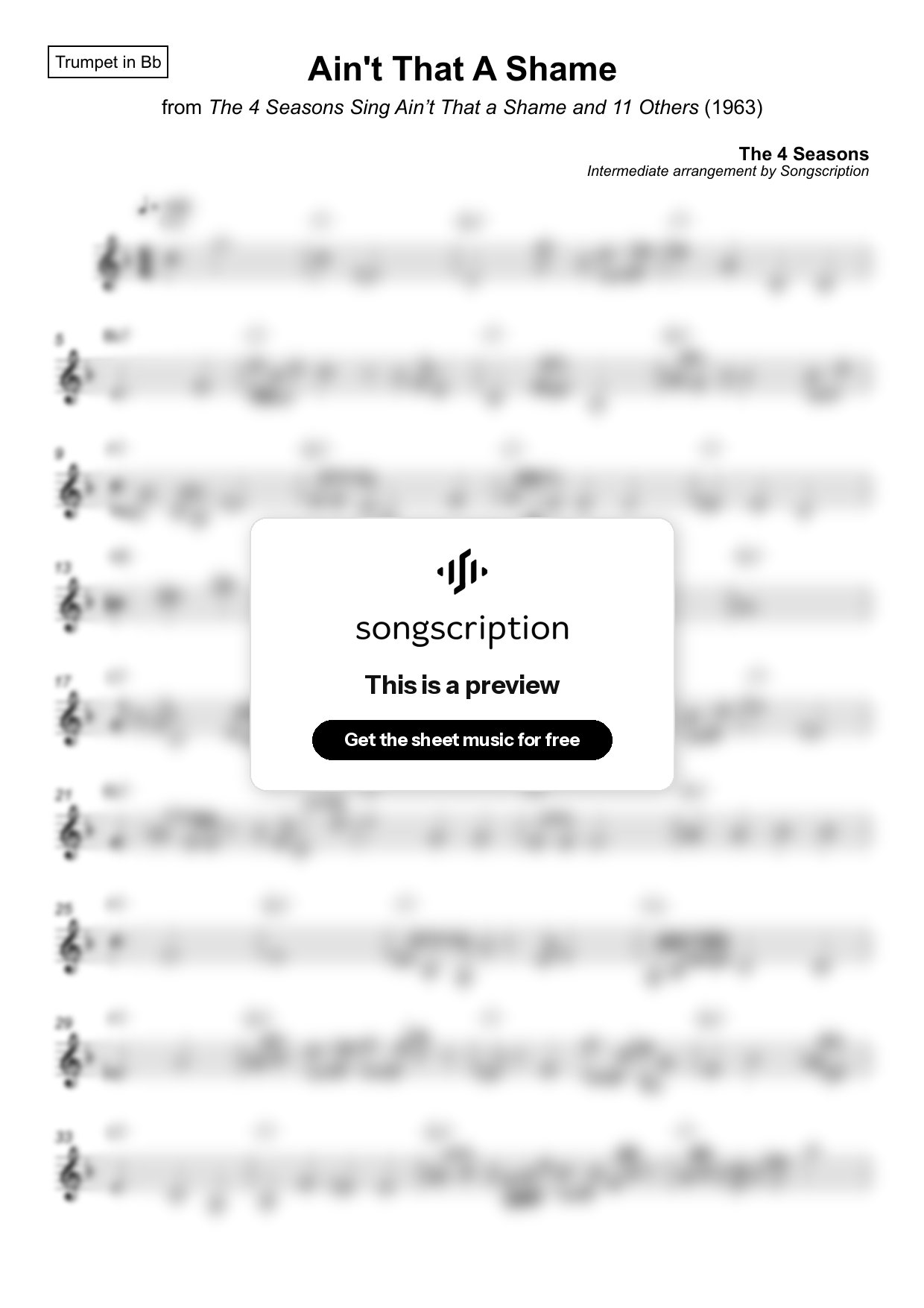 Intermediate Trumpet Sheet Music for "Ain't That A Shame" by The 4 Seasons