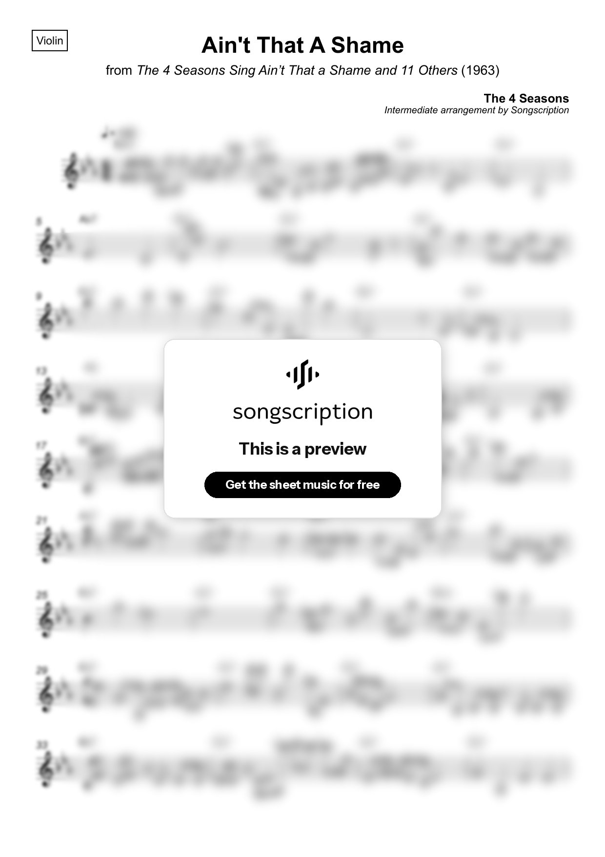 Intermediate Violin Sheet Music for "Ain't That A Shame" by The 4 Seasons