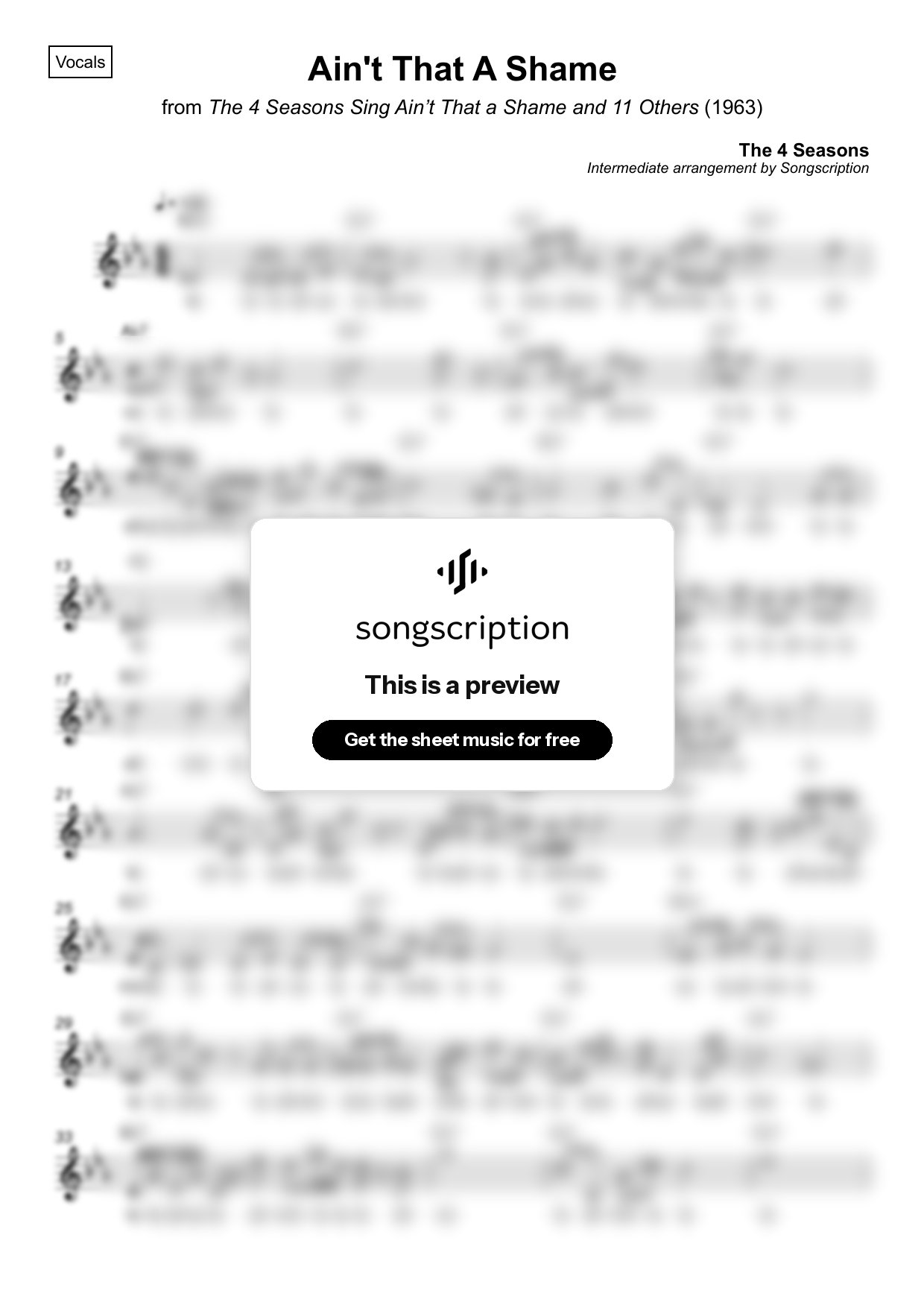 Intermediate Vocals Sheet Music for "Ain't That A Shame" by The 4 Seasons