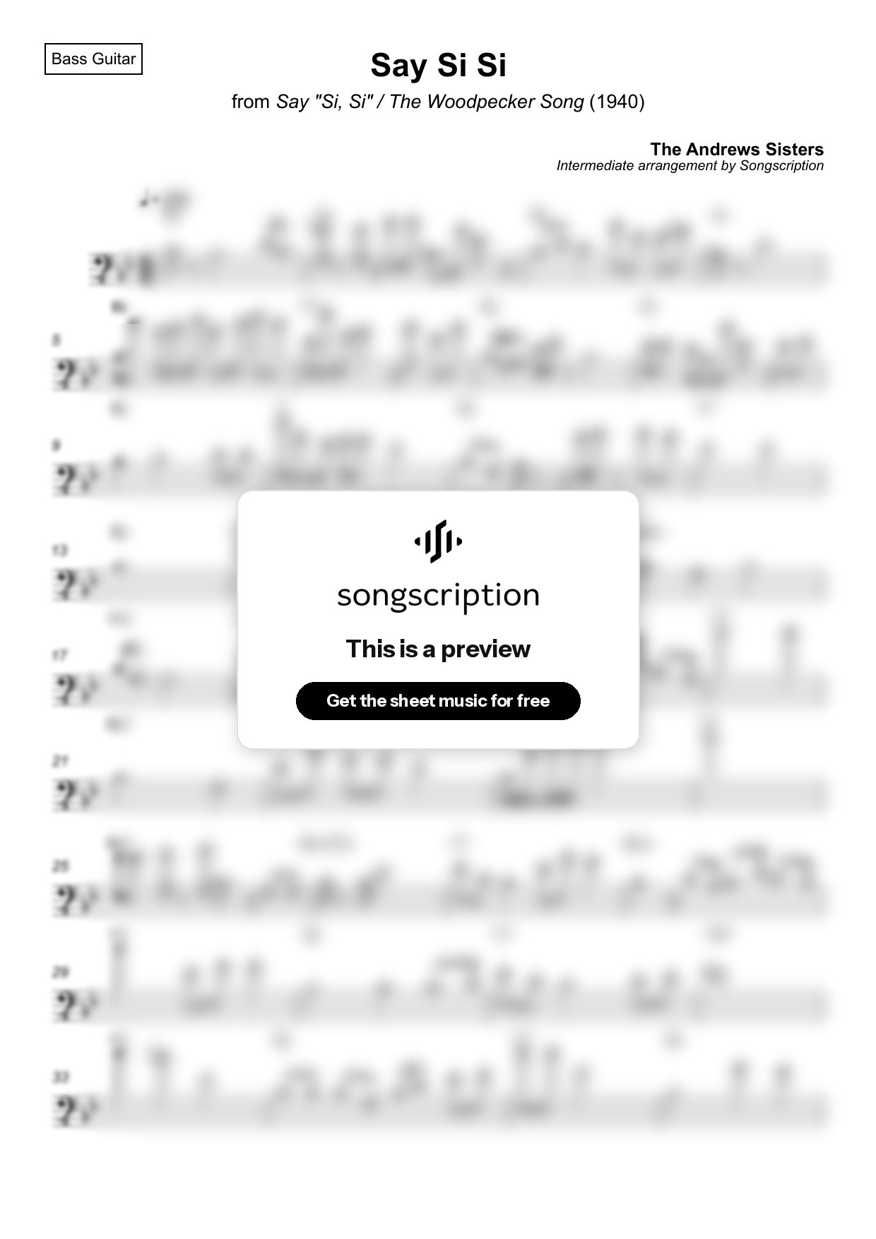 Intermediate Bass Guitar Sheet Music for "Say Si Si" by The Andrews Sisters