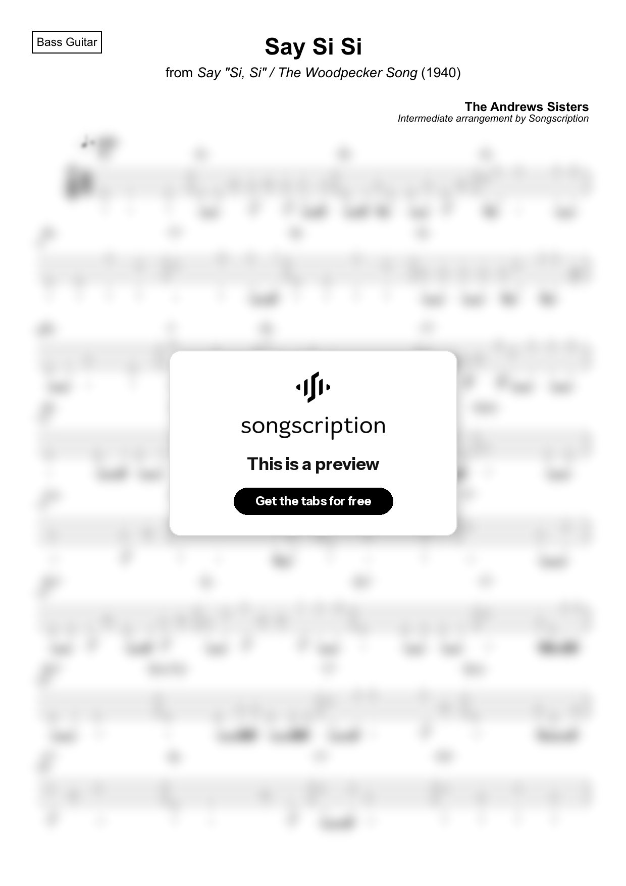 Intermediate Bass Guitar Tabs for "Say Si Si" by The Andrews Sisters