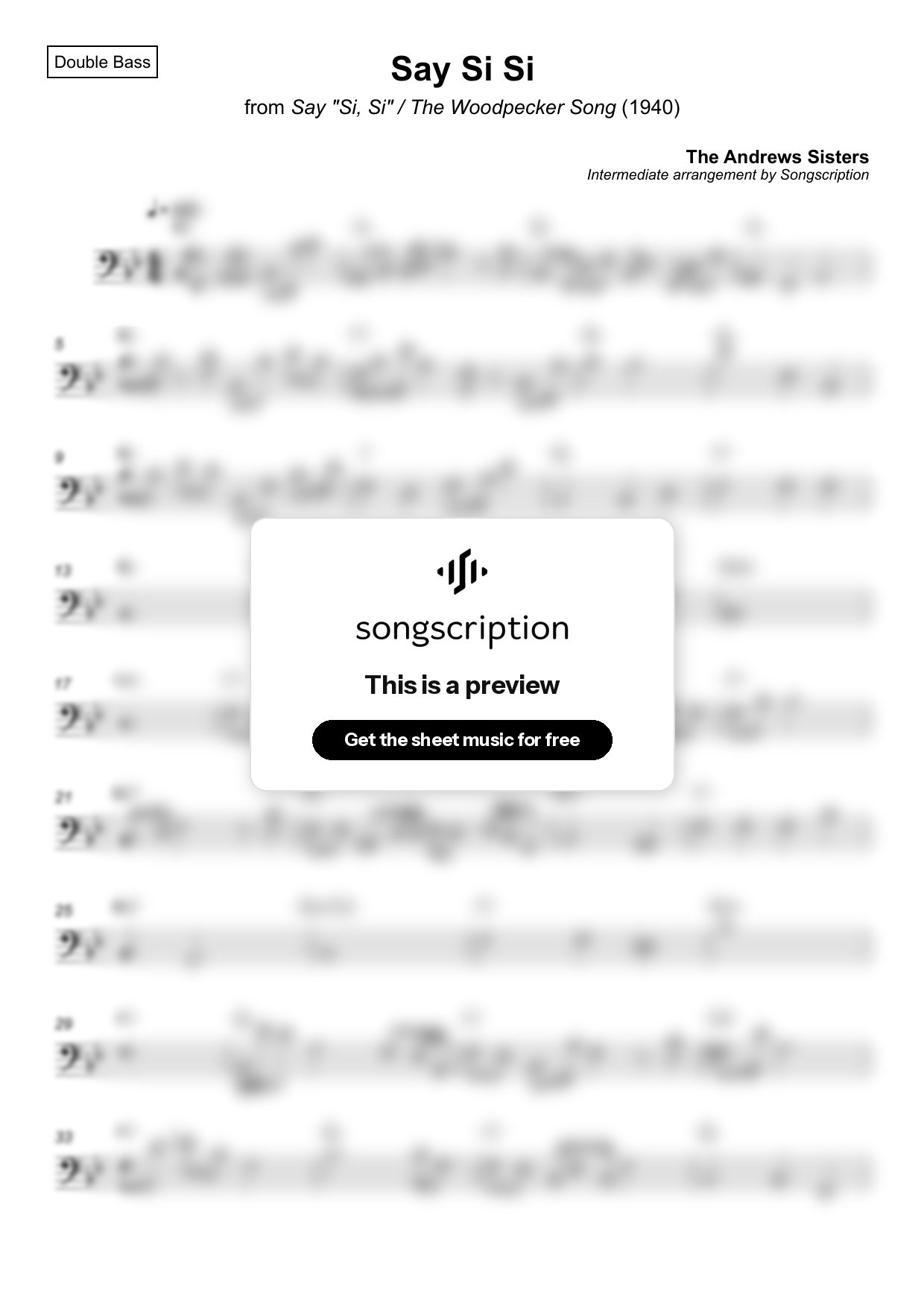 Intermediate Double Bass Sheet Music for "Say Si Si" by The Andrews Sisters