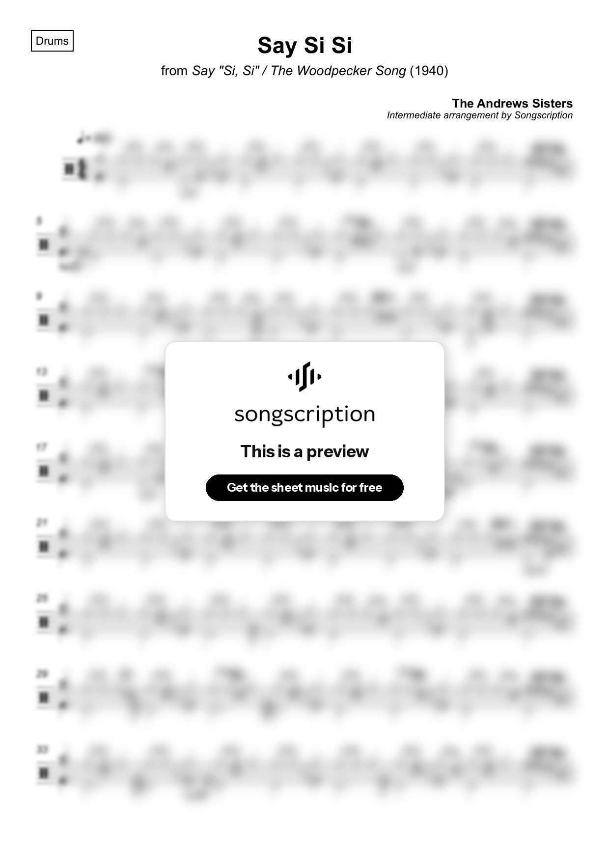 Intermediate Drums Sheet Music for "Say Si Si" by The Andrews Sisters