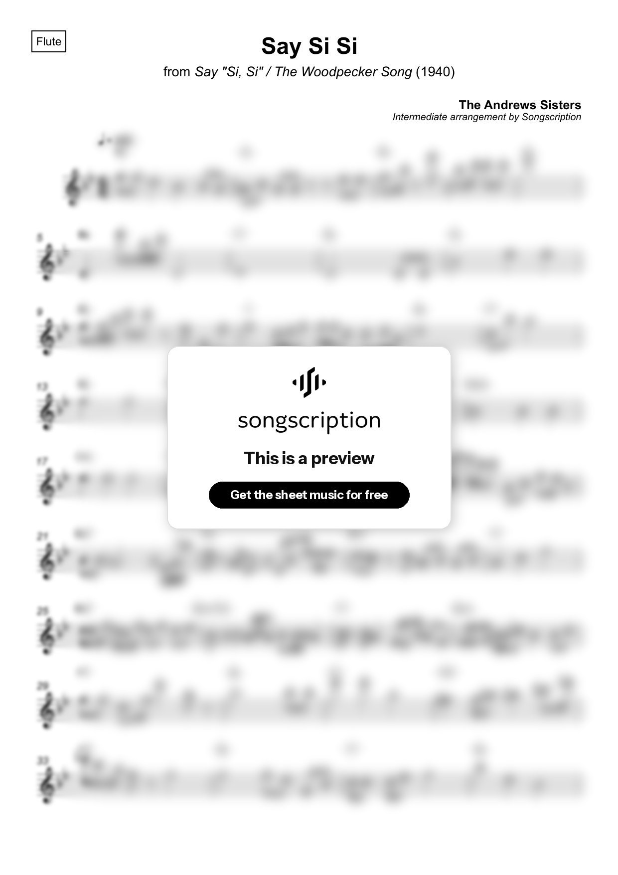 Intermediate Flute Sheet Music for "Say Si Si" by The Andrews Sisters