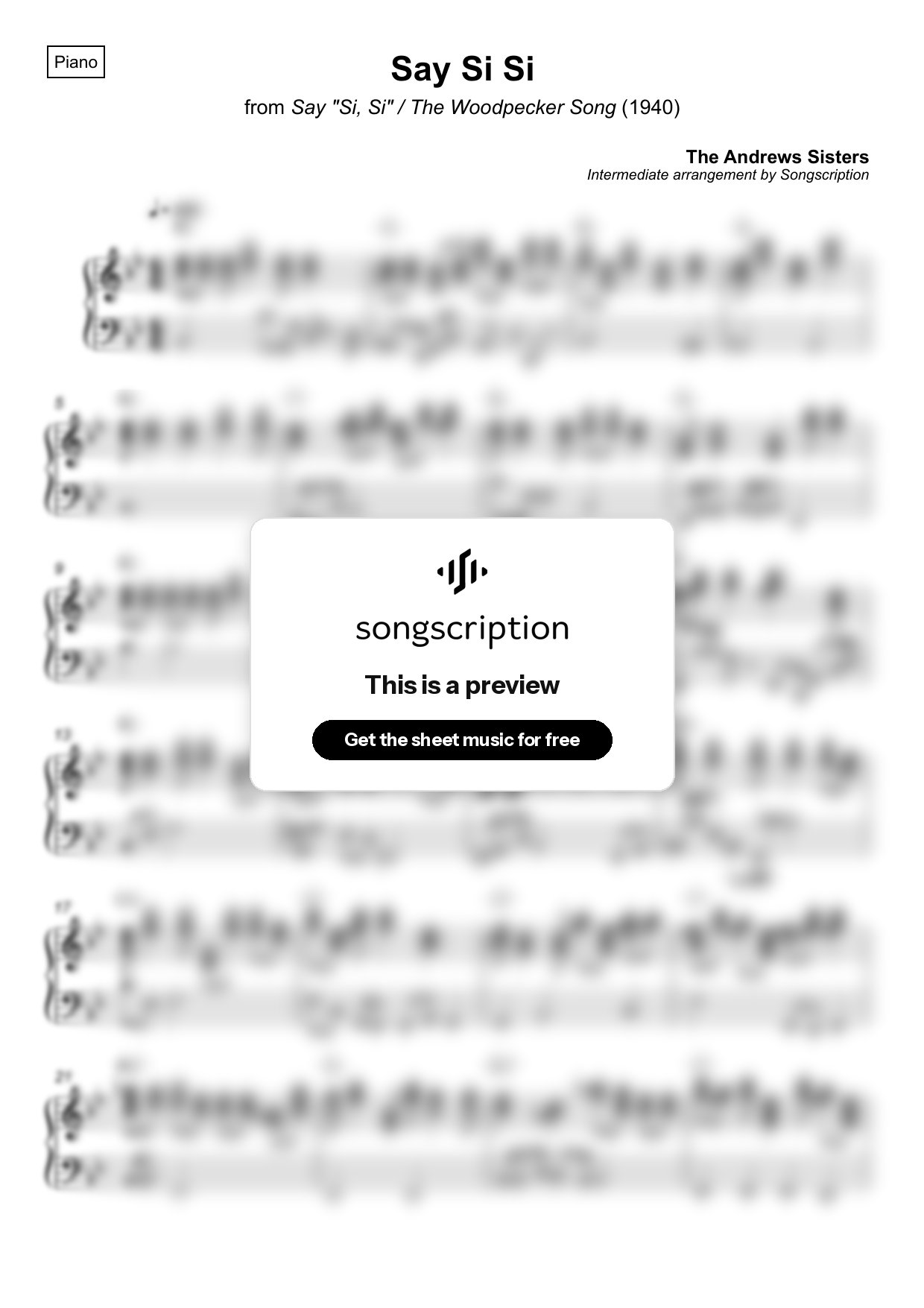 Intermediate Piano Sheet Music for "Say Si Si" by The Andrews Sisters