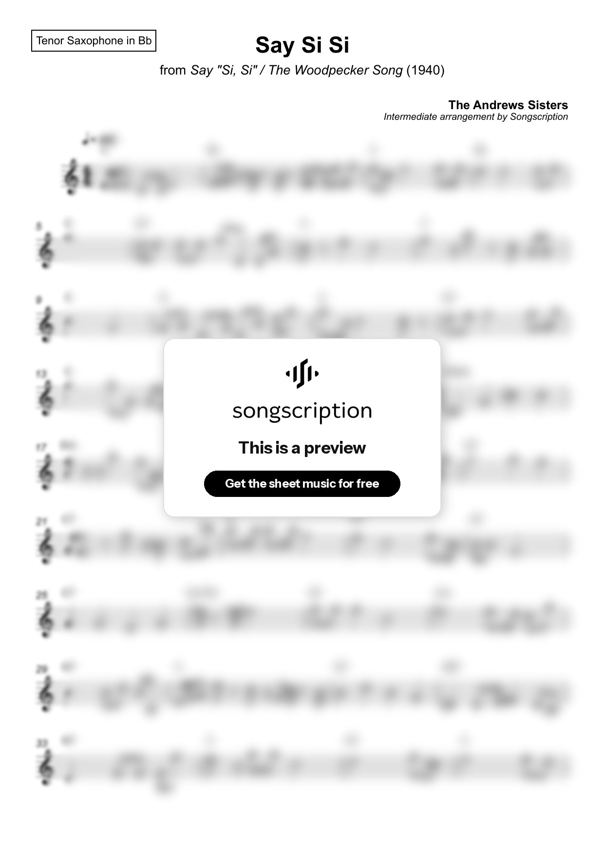 Intermediate Tenor Sax Sheet Music for "Say Si Si" by The Andrews Sisters