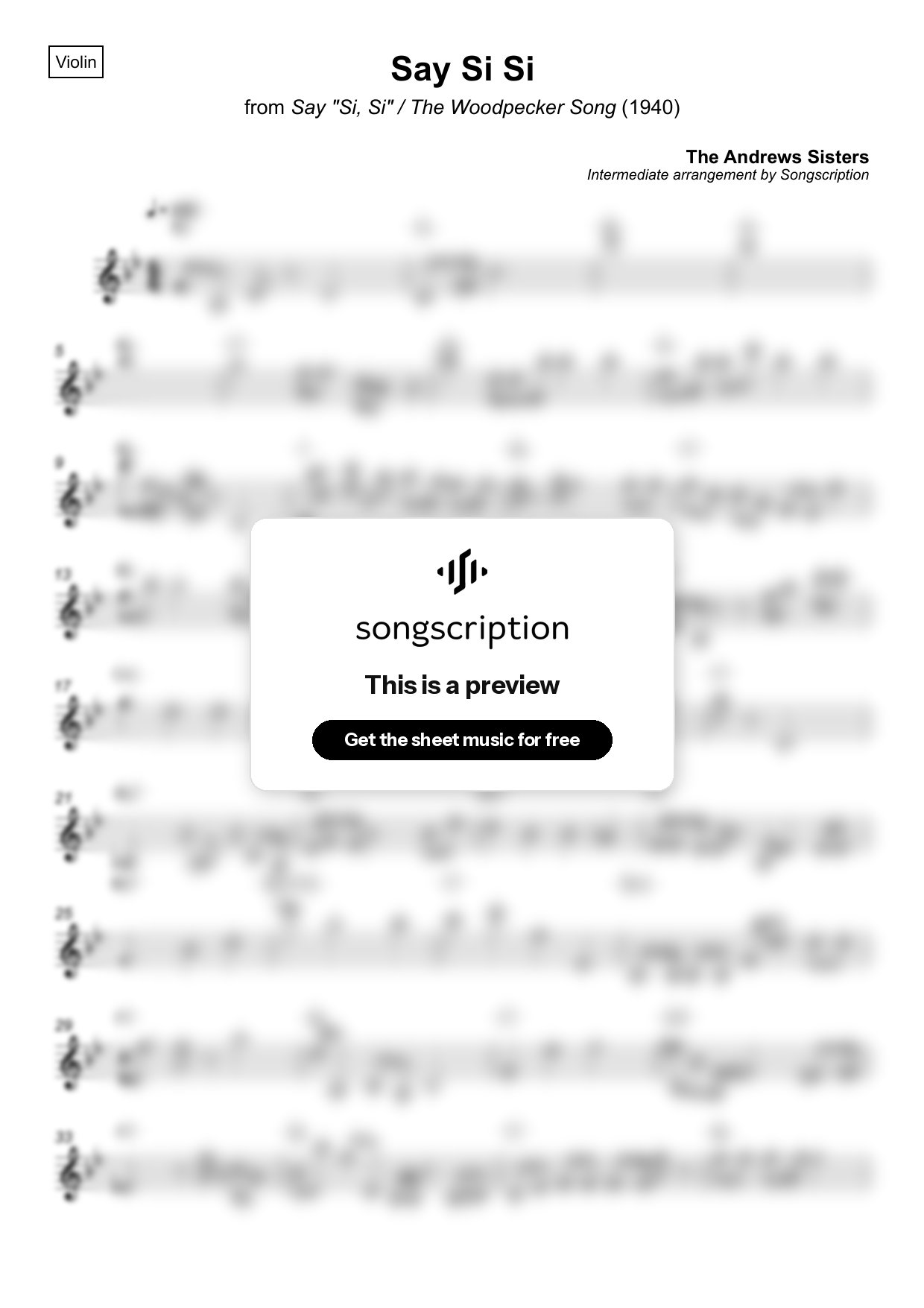 Intermediate Violin Sheet Music for "Say Si Si" by The Andrews Sisters