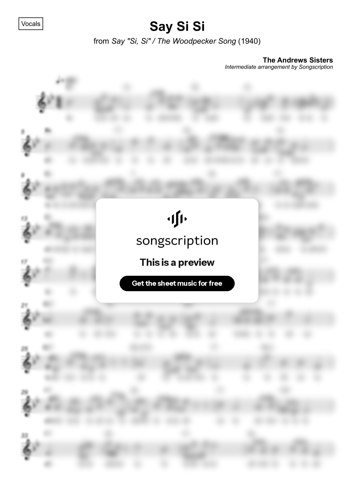 Intermediate Vocals Sheet Music for "Say Si Si" by The Andrews Sisters