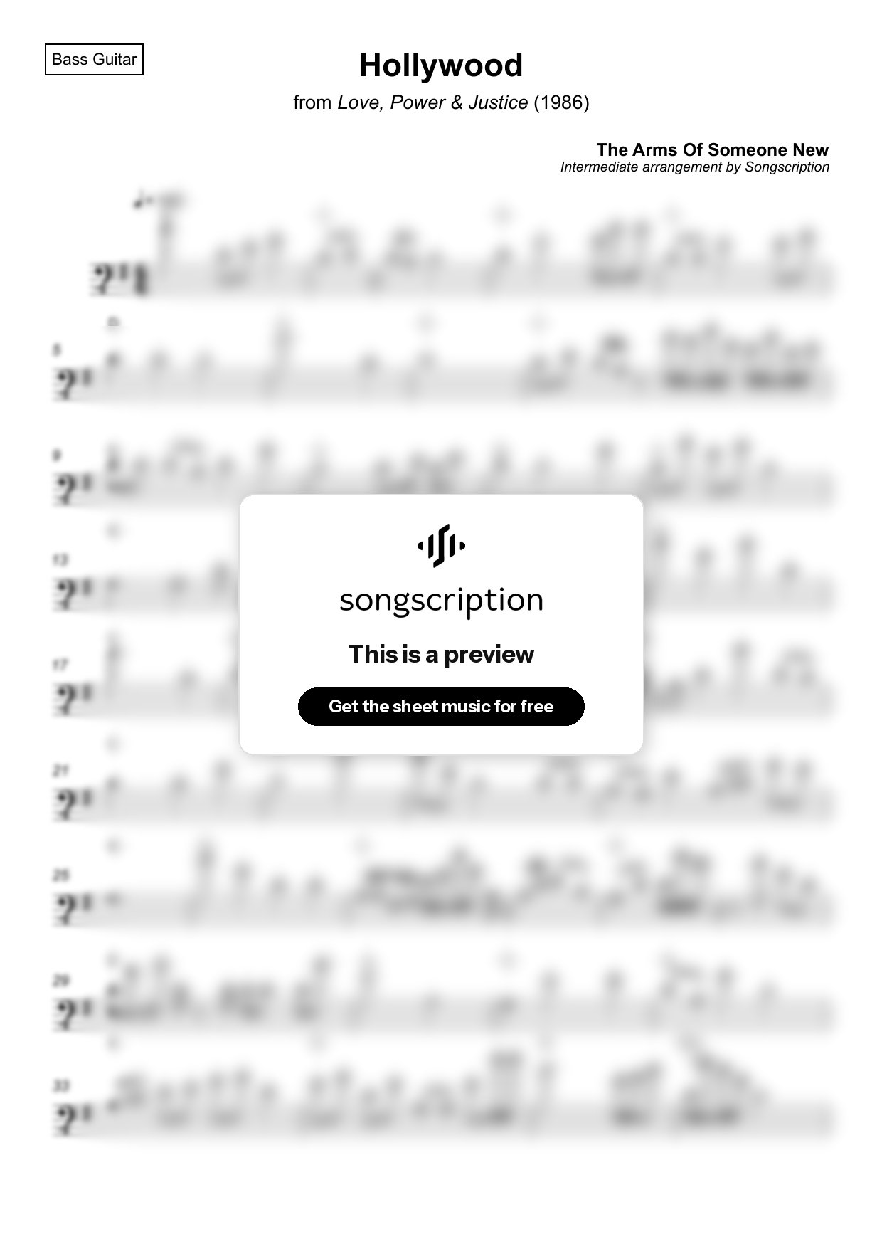 Intermediate Bass Guitar Sheet Music for "Hollywood" by The Arms Of Someone New