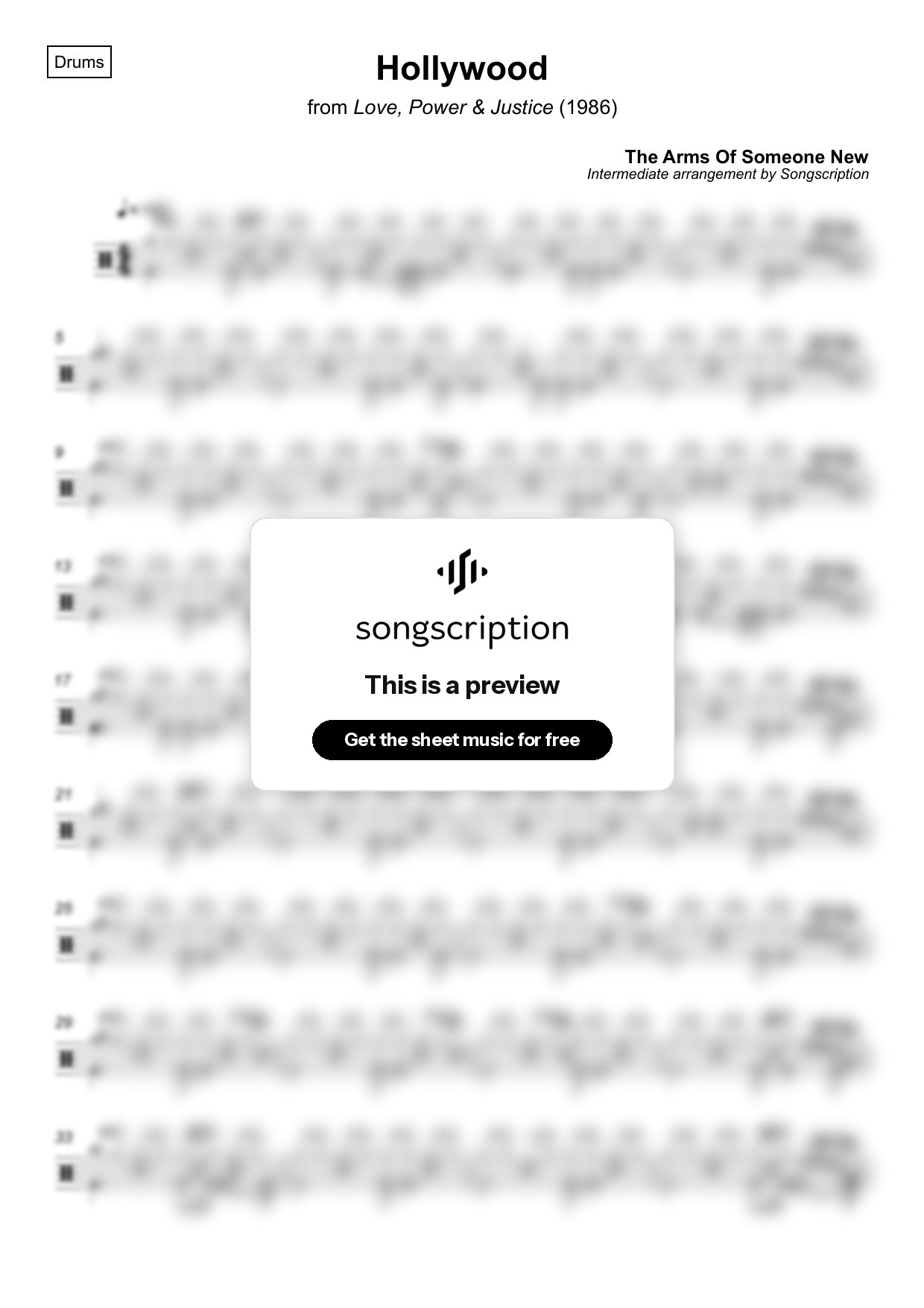 Intermediate Drums Sheet Music for "Hollywood" by The Arms Of Someone New