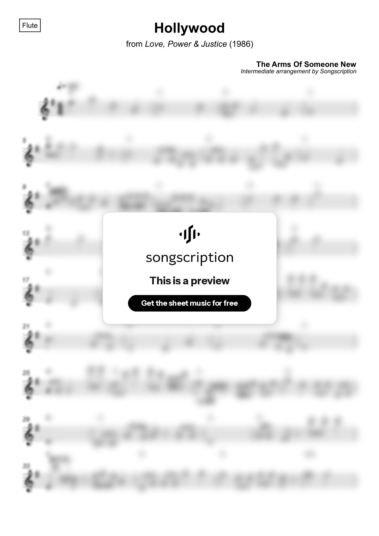 Intermediate Flute Sheet Music for "Hollywood" by The Arms Of Someone New