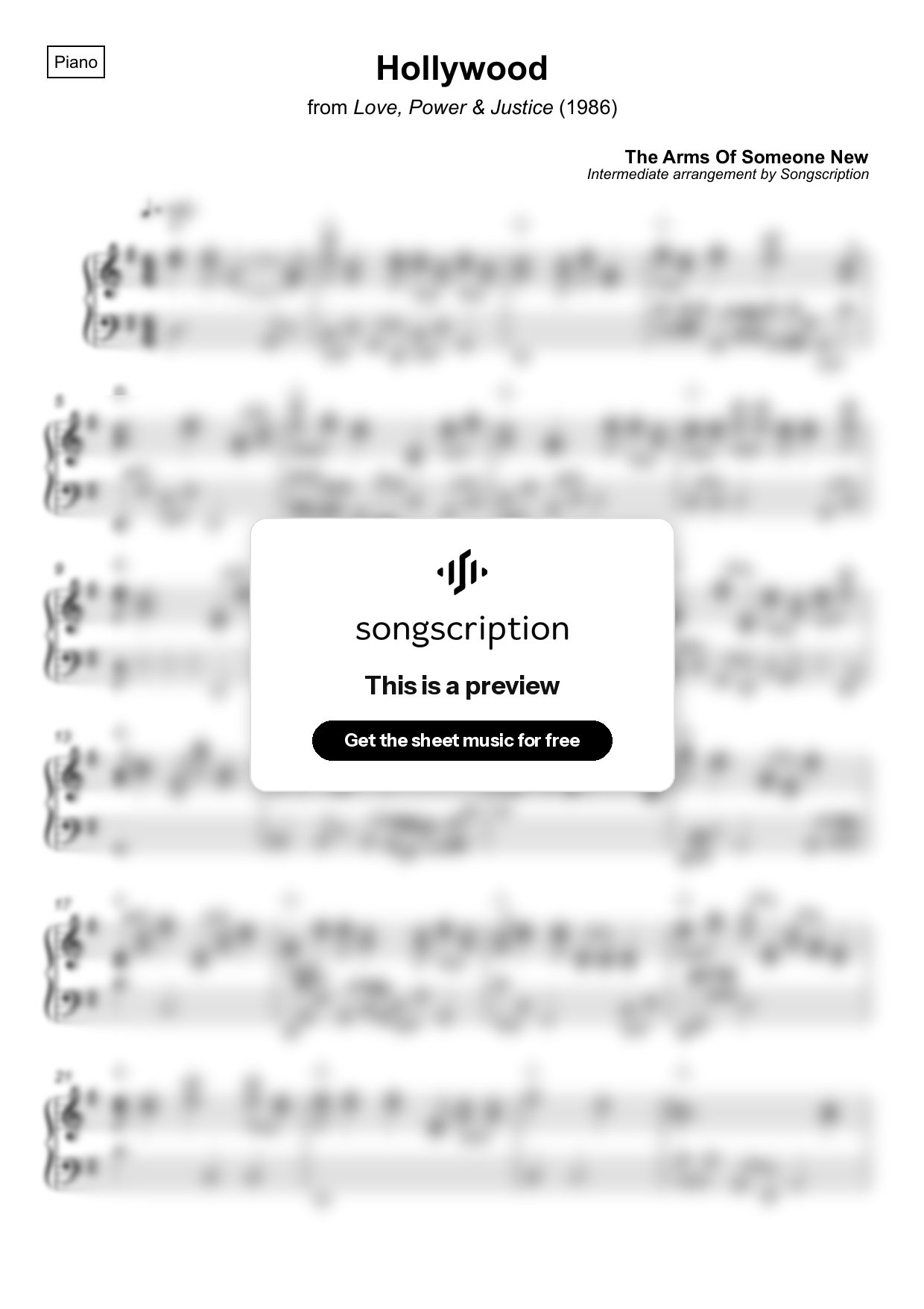 Intermediate Piano Sheet Music for "Hollywood" by The Arms Of Someone New