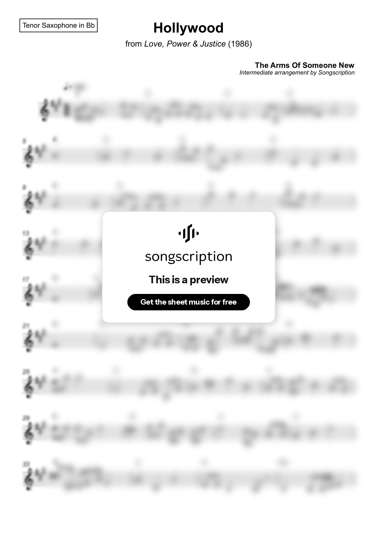 Intermediate Tenor Sax Sheet Music for "Hollywood" by The Arms Of Someone New