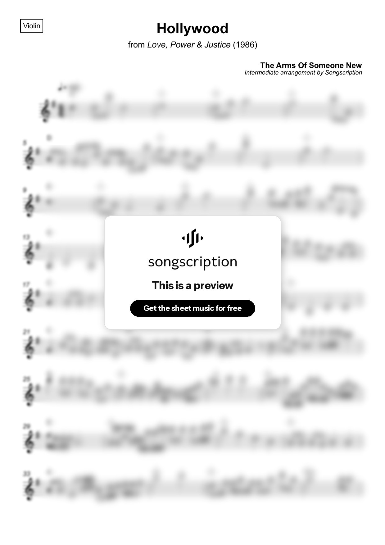 Intermediate Violin Sheet Music for "Hollywood" by The Arms Of Someone New