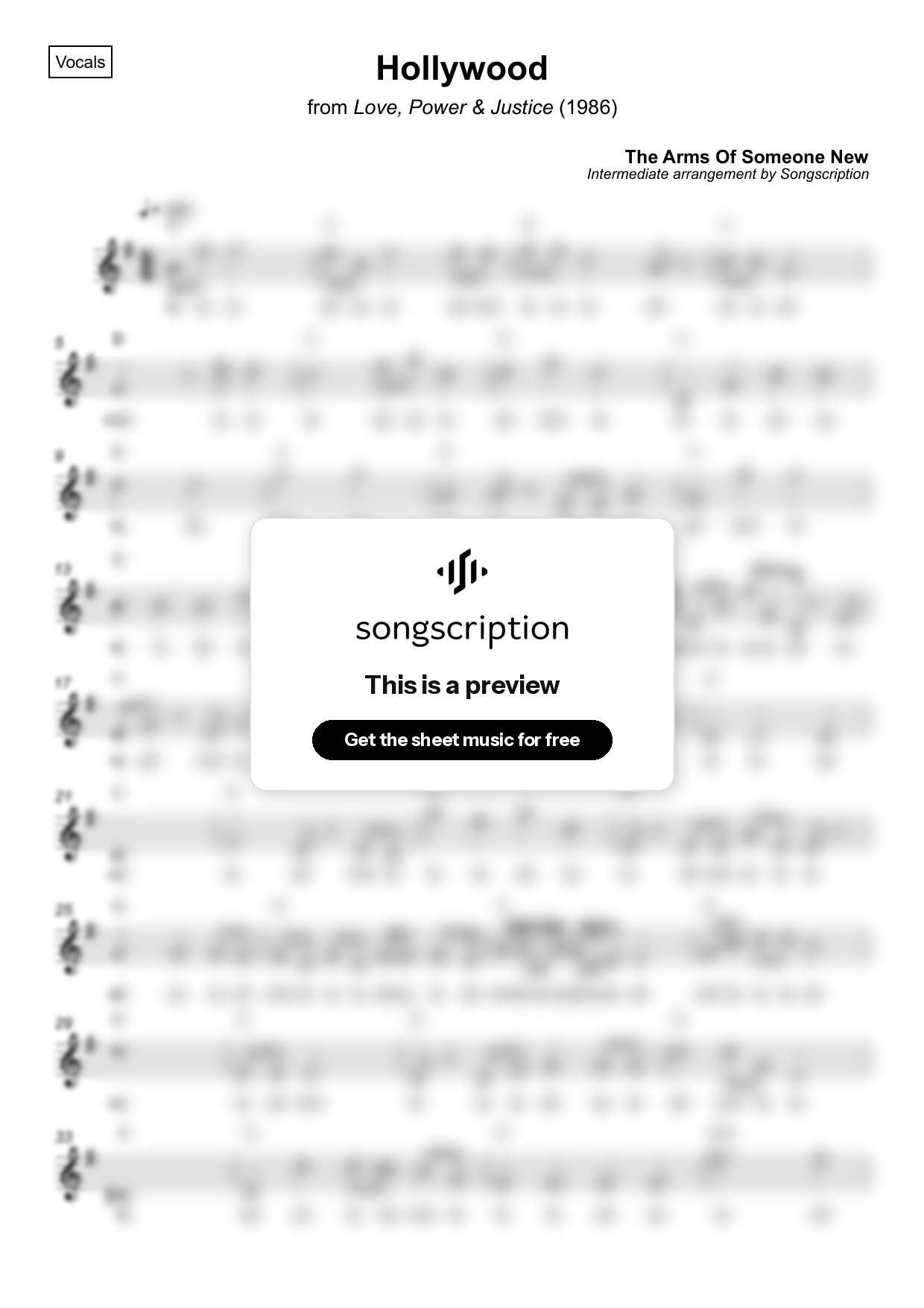 Intermediate Vocals Sheet Music for "Hollywood" by The Arms Of Someone New