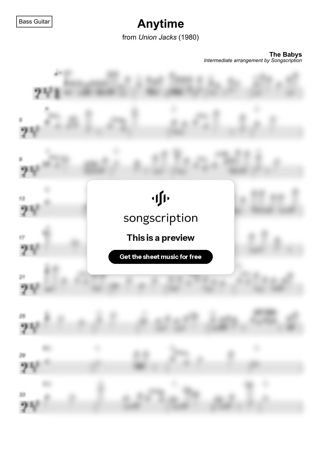 Intermediate Bass Guitar Sheet Music for "Anytime" by The Babys