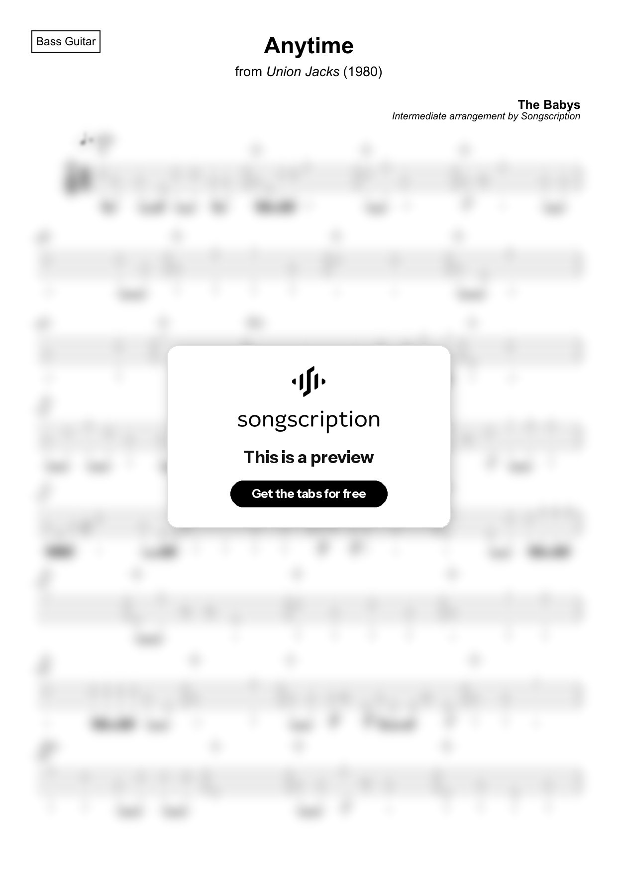 Intermediate Bass Guitar Tabs for "Anytime" by The Babys