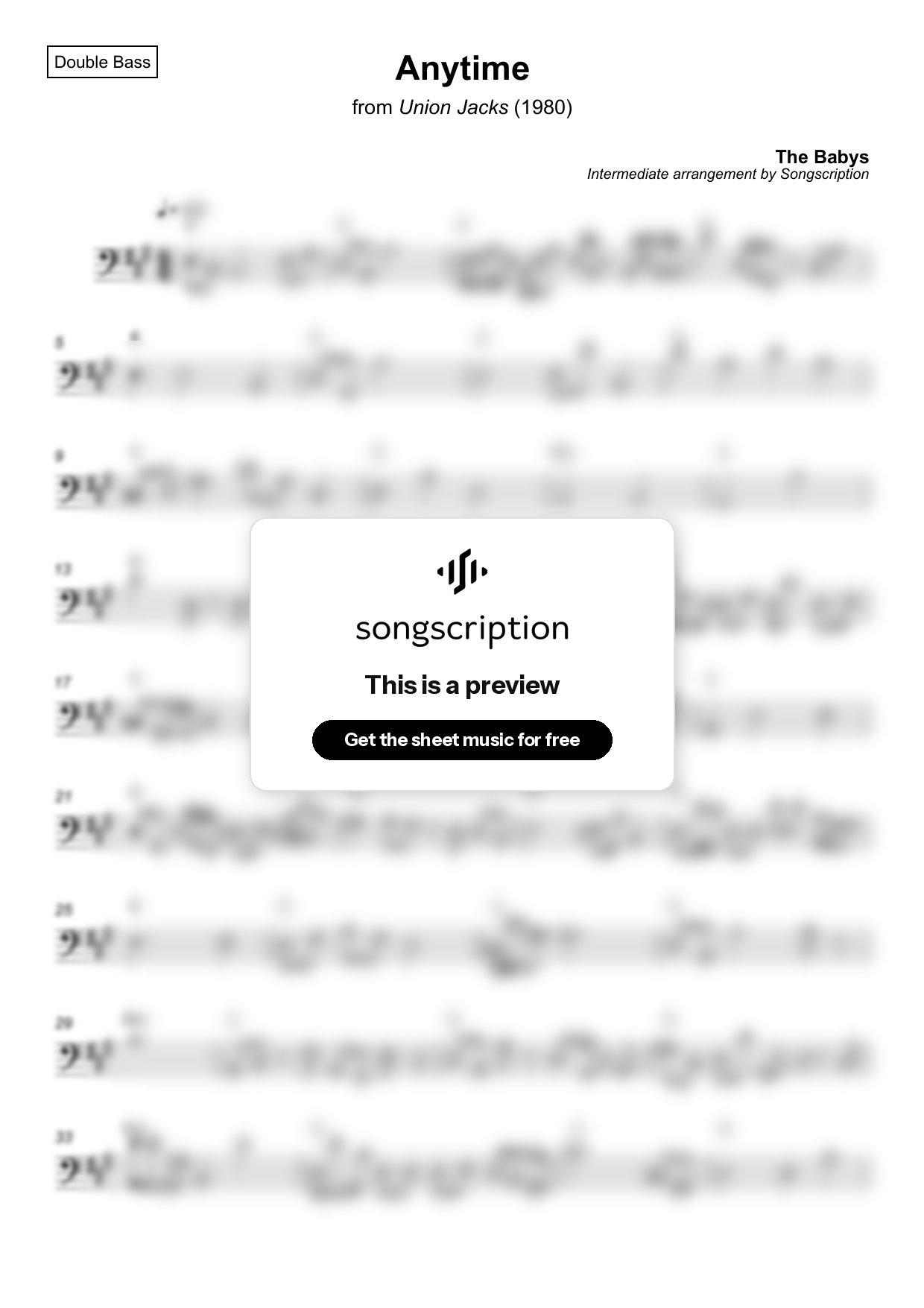 Intermediate Double Bass Sheet Music for "Anytime" by The Babys