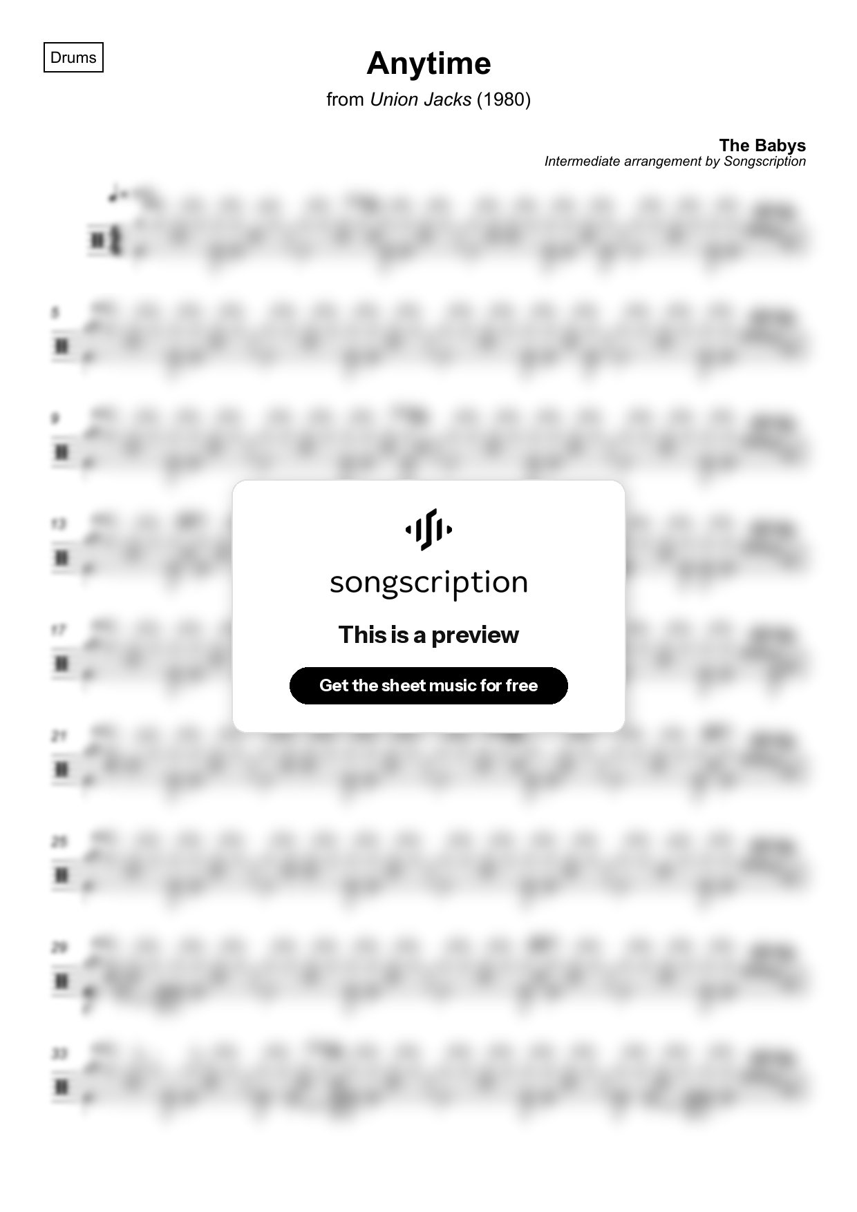Intermediate Drums Sheet Music for "Anytime" by The Babys