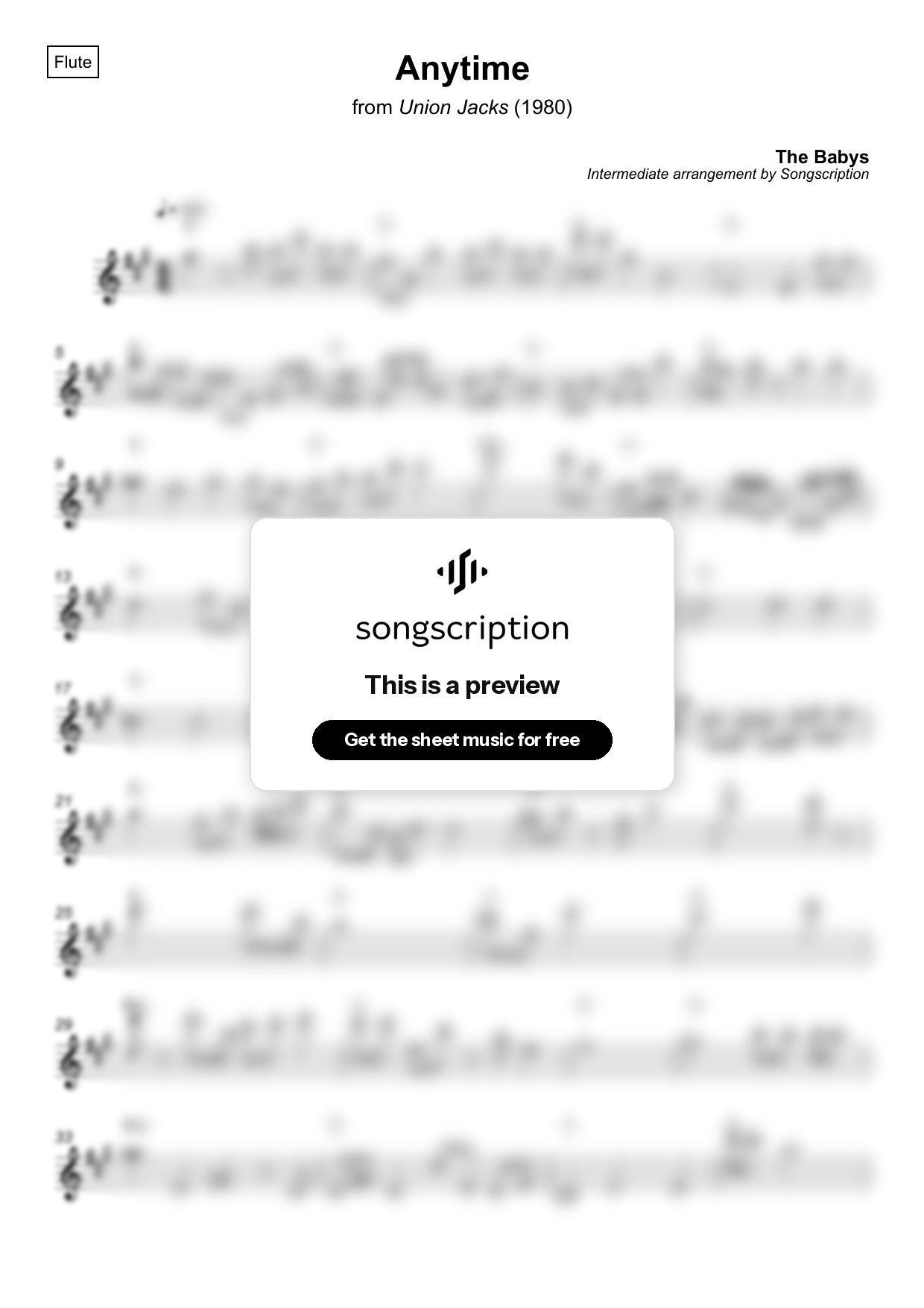 Intermediate Flute Sheet Music for "Anytime" by The Babys