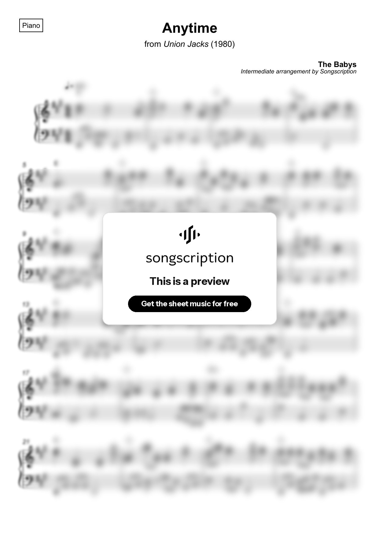 Intermediate Piano Sheet Music for "Anytime" by The Babys