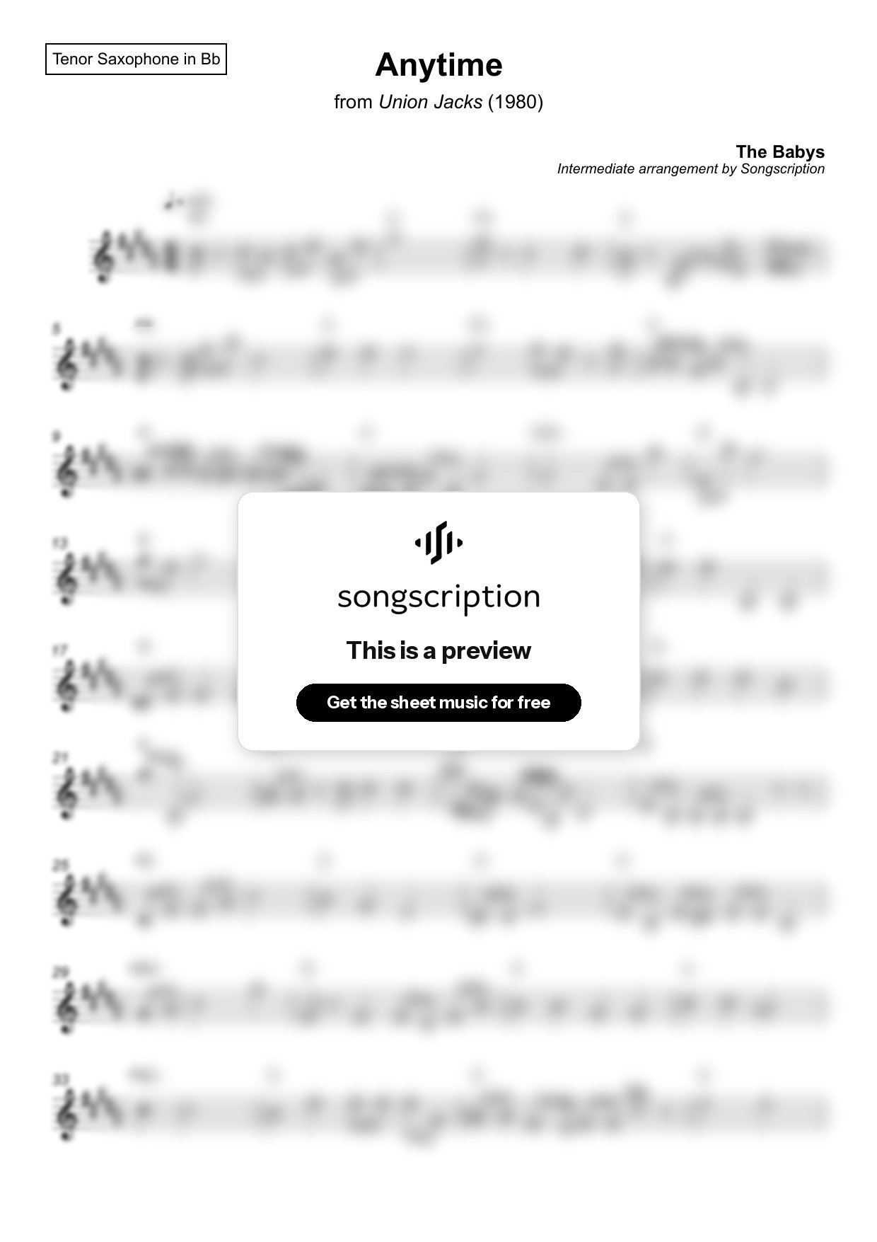 Intermediate Tenor Sax Sheet Music for "Anytime" by The Babys