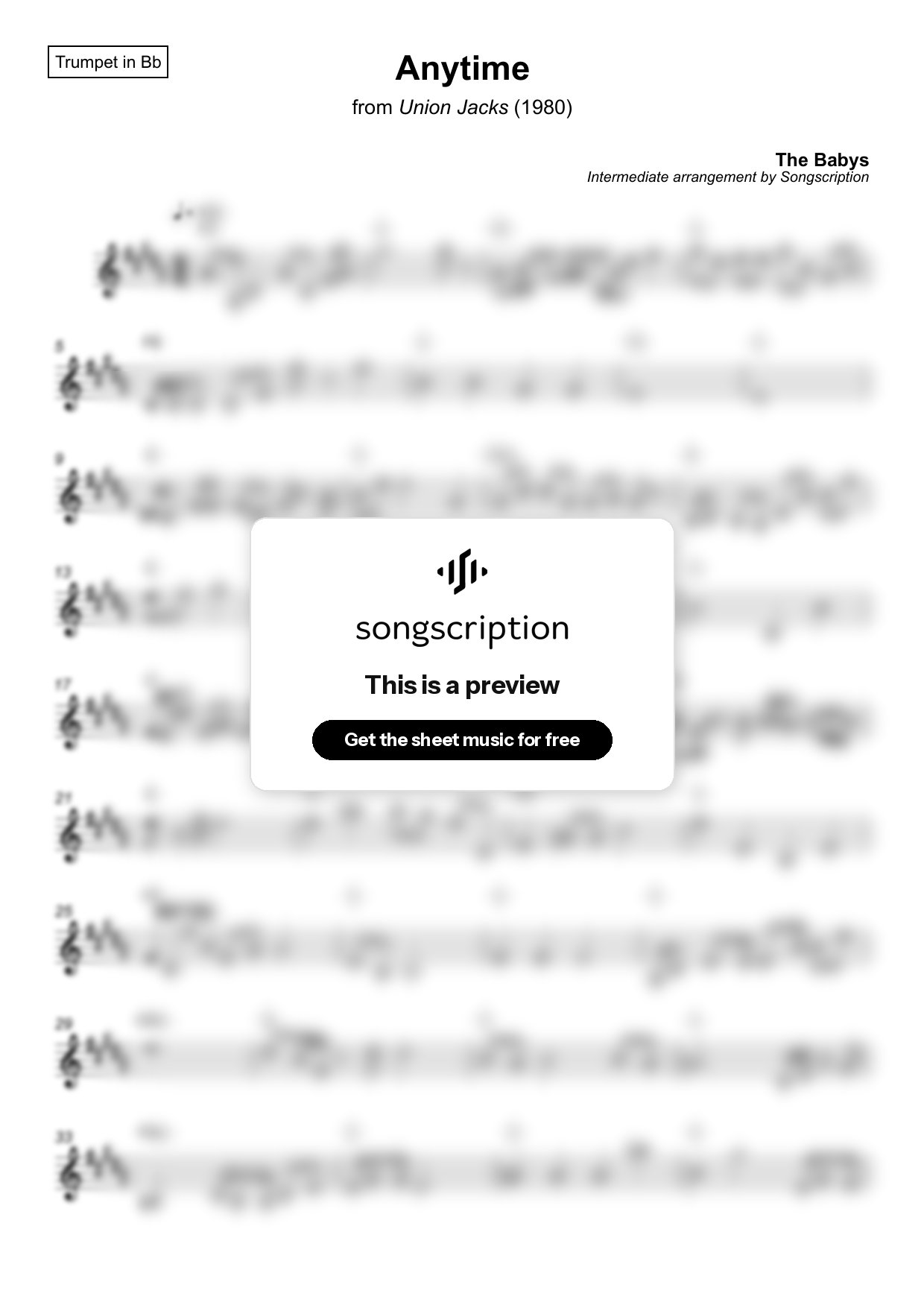 Intermediate Trumpet Sheet Music for "Anytime" by The Babys