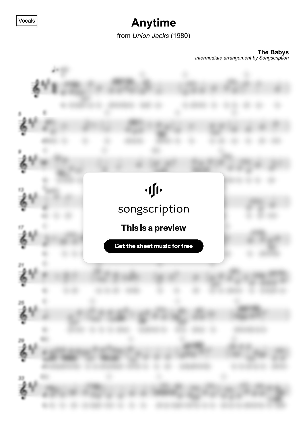 Intermediate Vocals Sheet Music for "Anytime" by The Babys