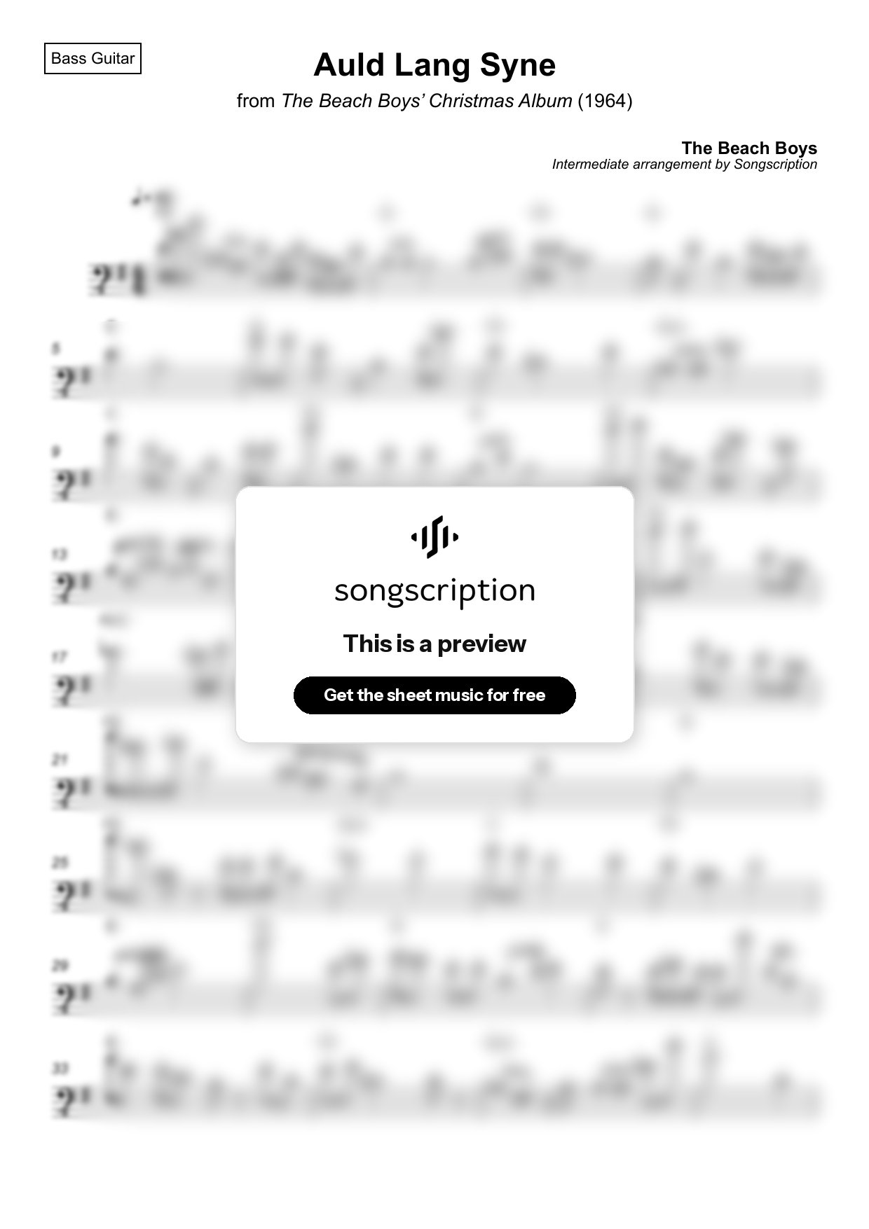 Intermediate Bass Guitar Sheet Music for "Auld Lang Syne" by The Beach Boys