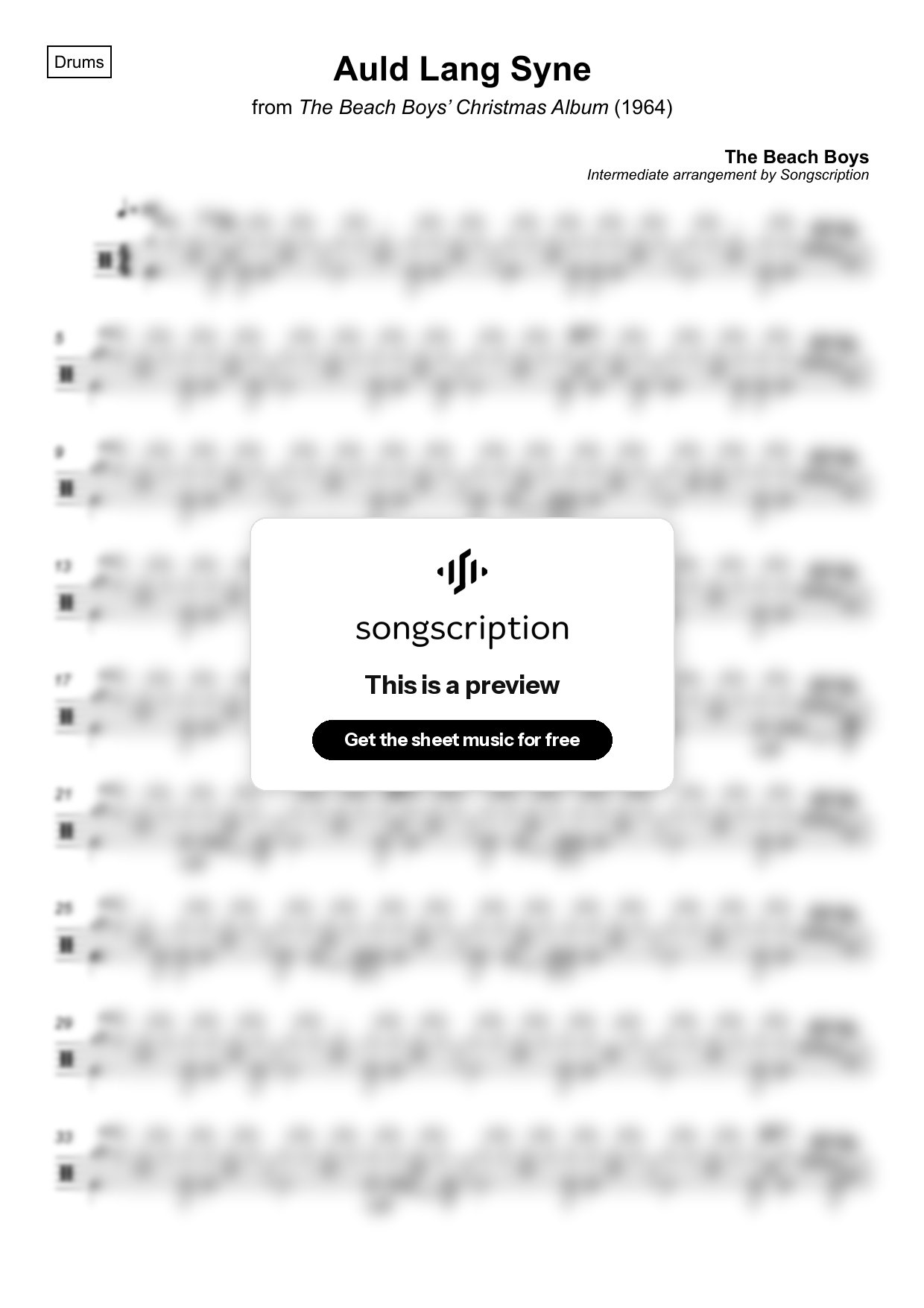 Intermediate Drums Sheet Music for "Auld Lang Syne" by The Beach Boys