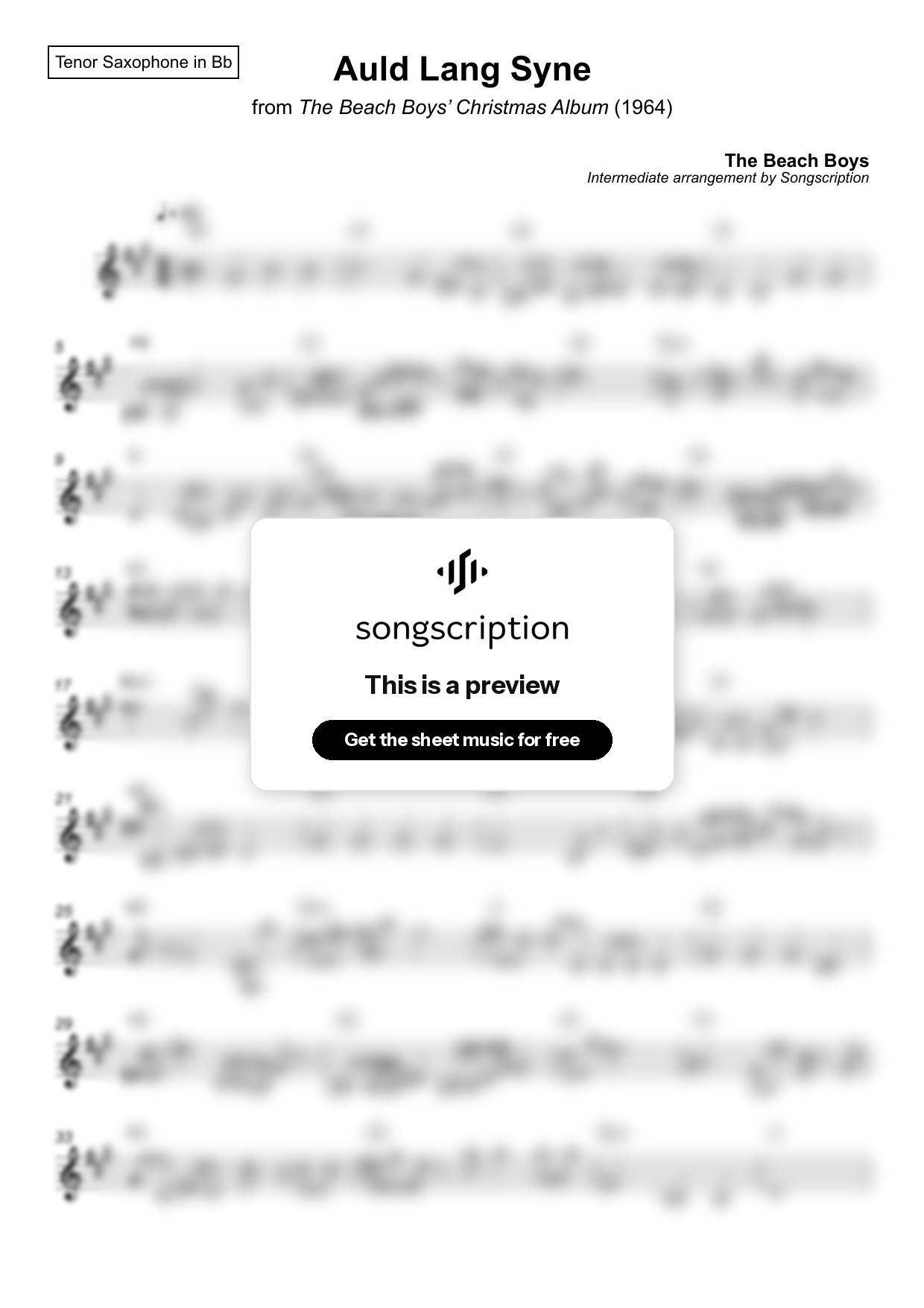 Intermediate Tenor Sax Sheet Music for "Auld Lang Syne" by The Beach Boys
