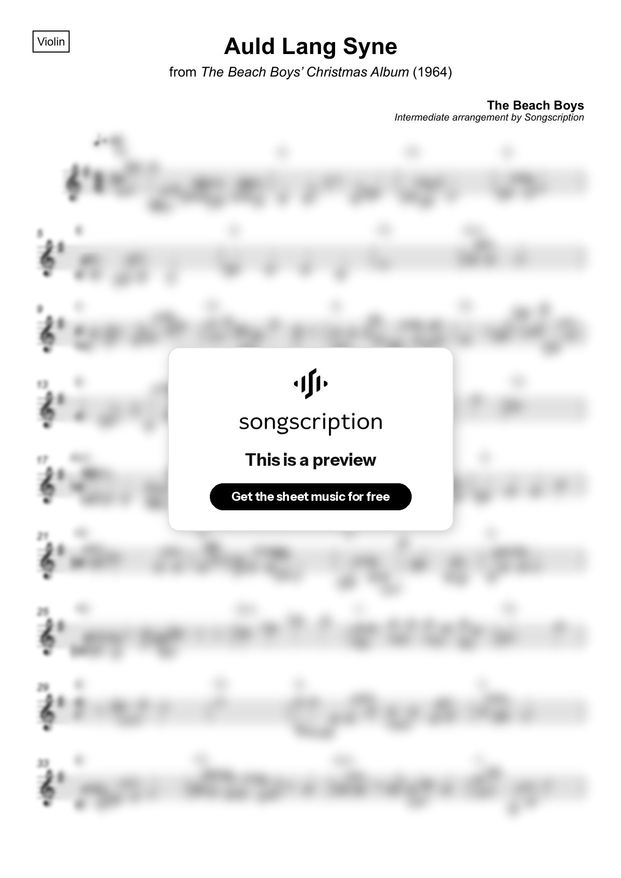 Intermediate Violin Sheet Music for "Auld Lang Syne" by The Beach Boys