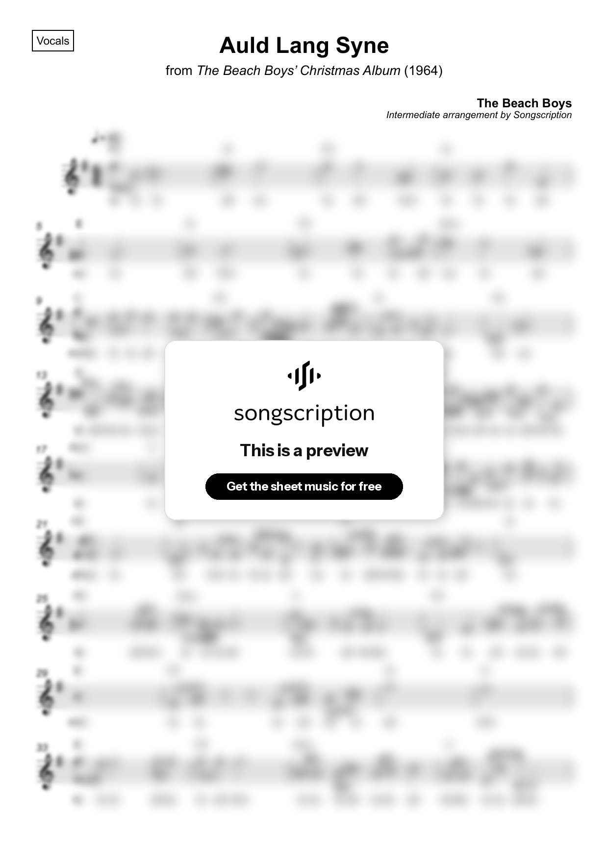 Intermediate Vocals Sheet Music for "Auld Lang Syne" by The Beach Boys