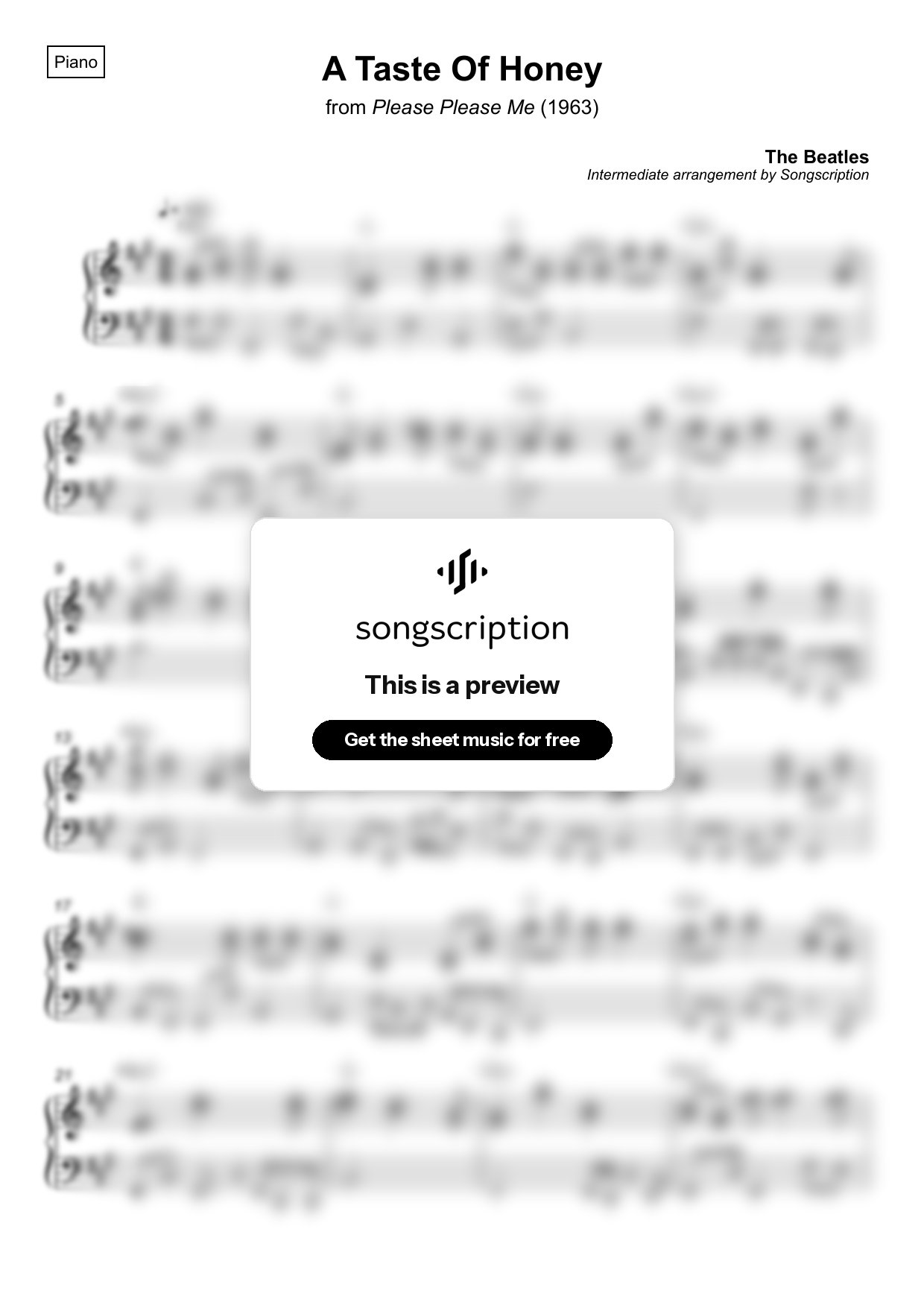 Intermediate Piano Sheet Music for "A Taste Of Honey" by The Beatles