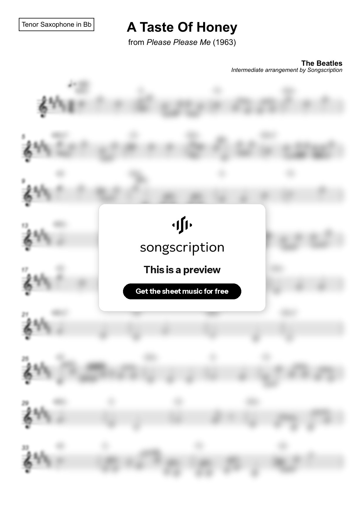 Intermediate Tenor Sax Sheet Music for "A Taste Of Honey" by The Beatles