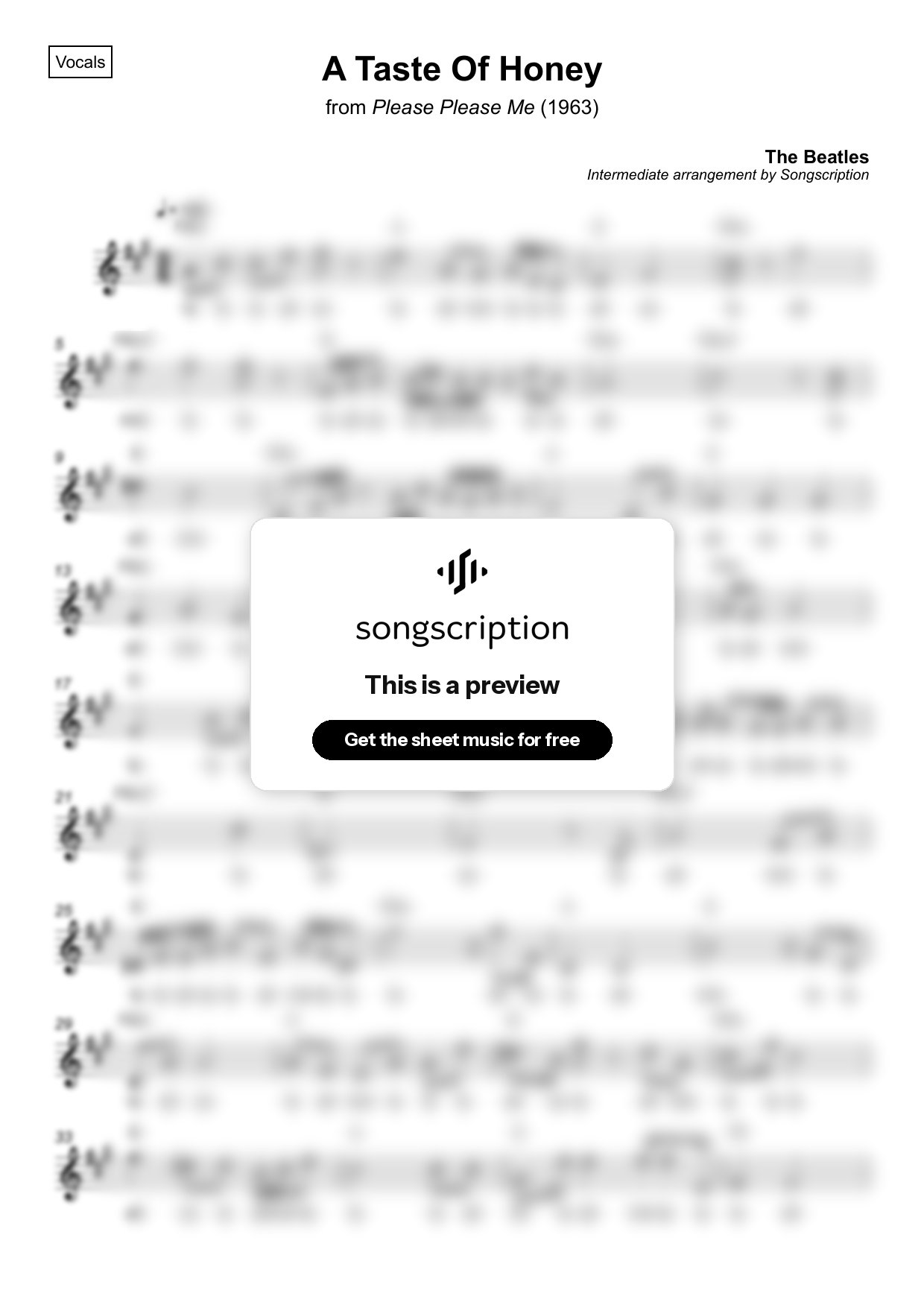 Intermediate Vocals Sheet Music for "A Taste Of Honey" by The Beatles
