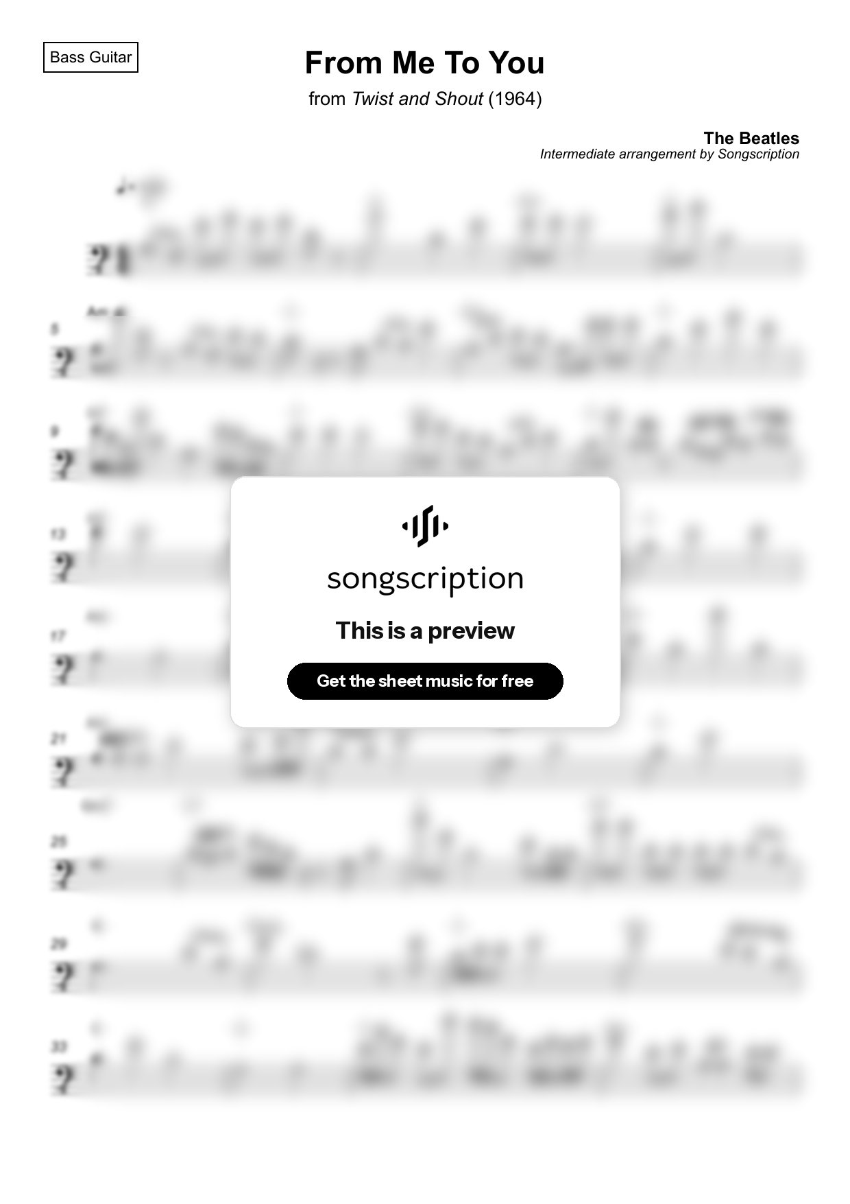 Intermediate Bass Guitar Sheet Music for "From Me To You" by The Beatles
